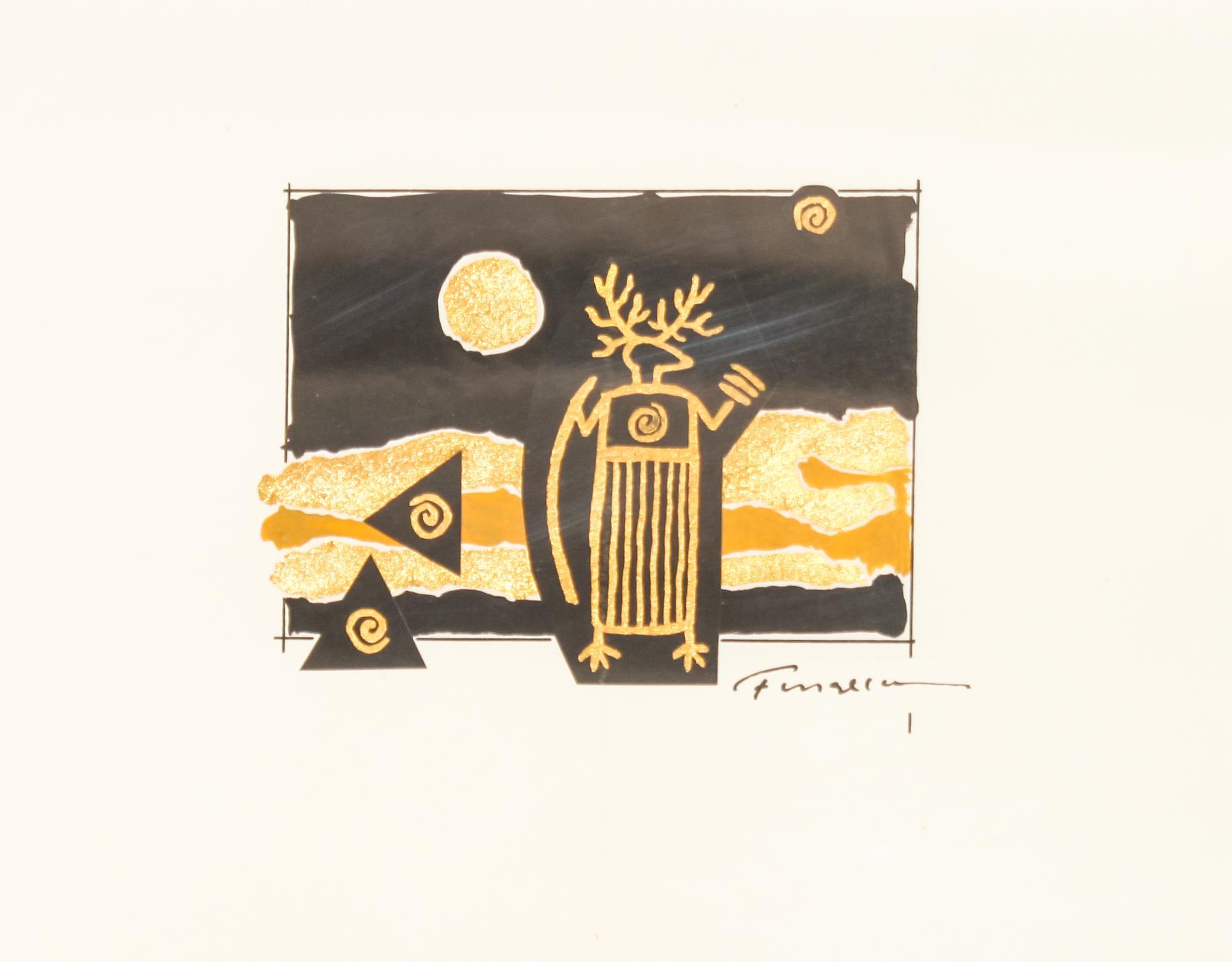 Harry Fonseca, (American, 1946-2006), three works: Discovery of Gold I Cross of Gold Discovery of Gold II