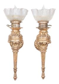 A Pair of Giltwood Sconces Height overall 31 inches.