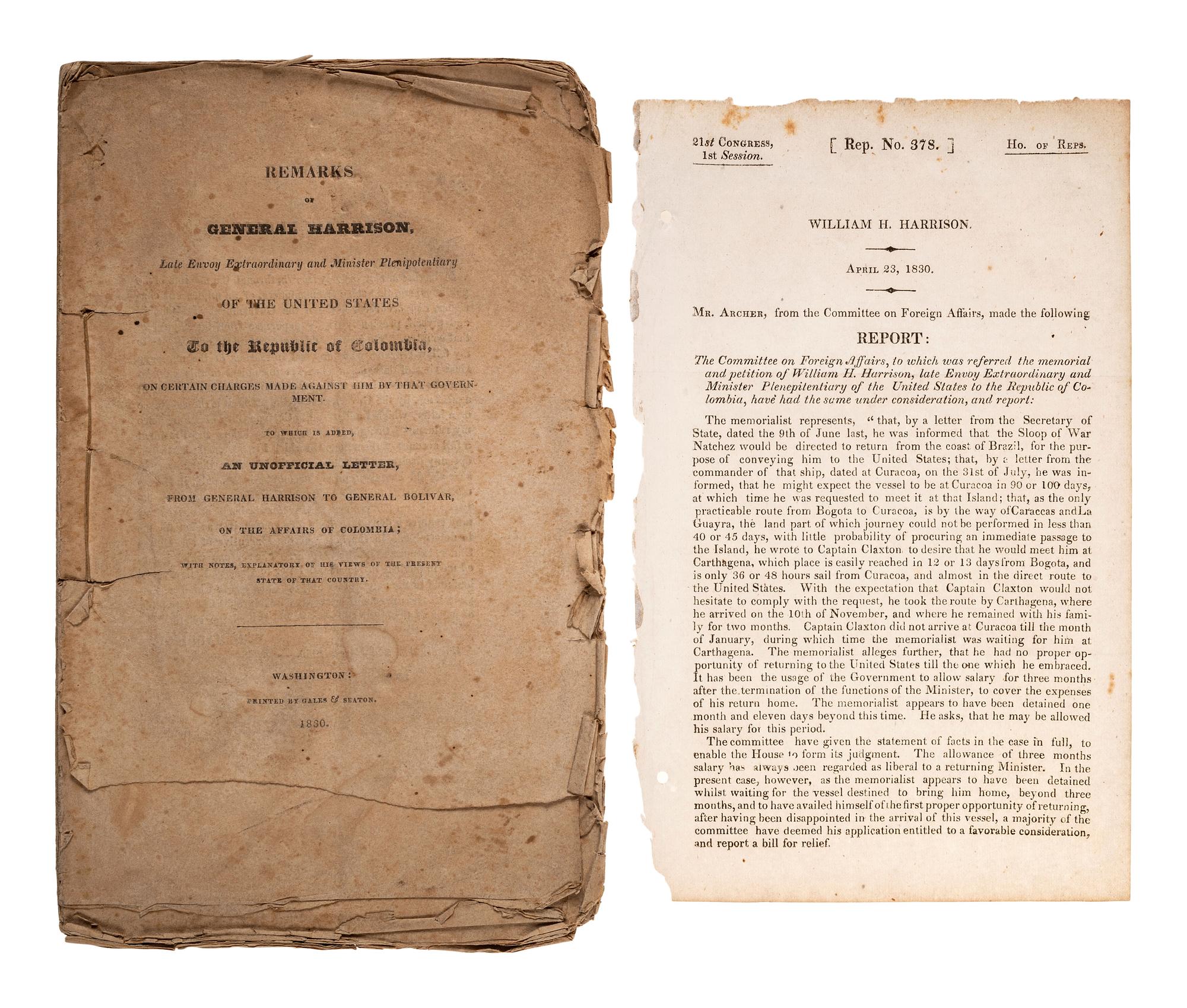 HARRISON, William Henry (1773-1841). Remarks of General Harrison, Late Envoy Extraordinary and Minister Plenipotentiary of the United States to the Republic of Columbia. Washington, D.C.: Gales & Seaton, 1830.