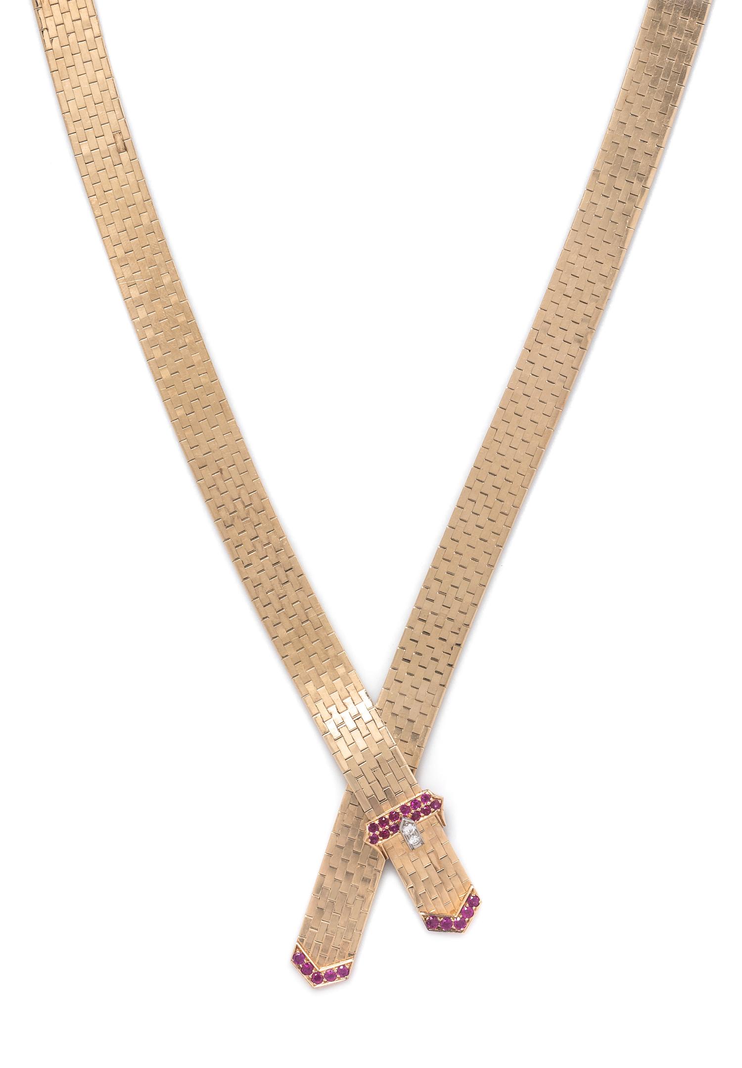 A Retro 14 Karat Yellow Gold, Ruby and Diamond Belt Necklace, Tiffany & Co.,