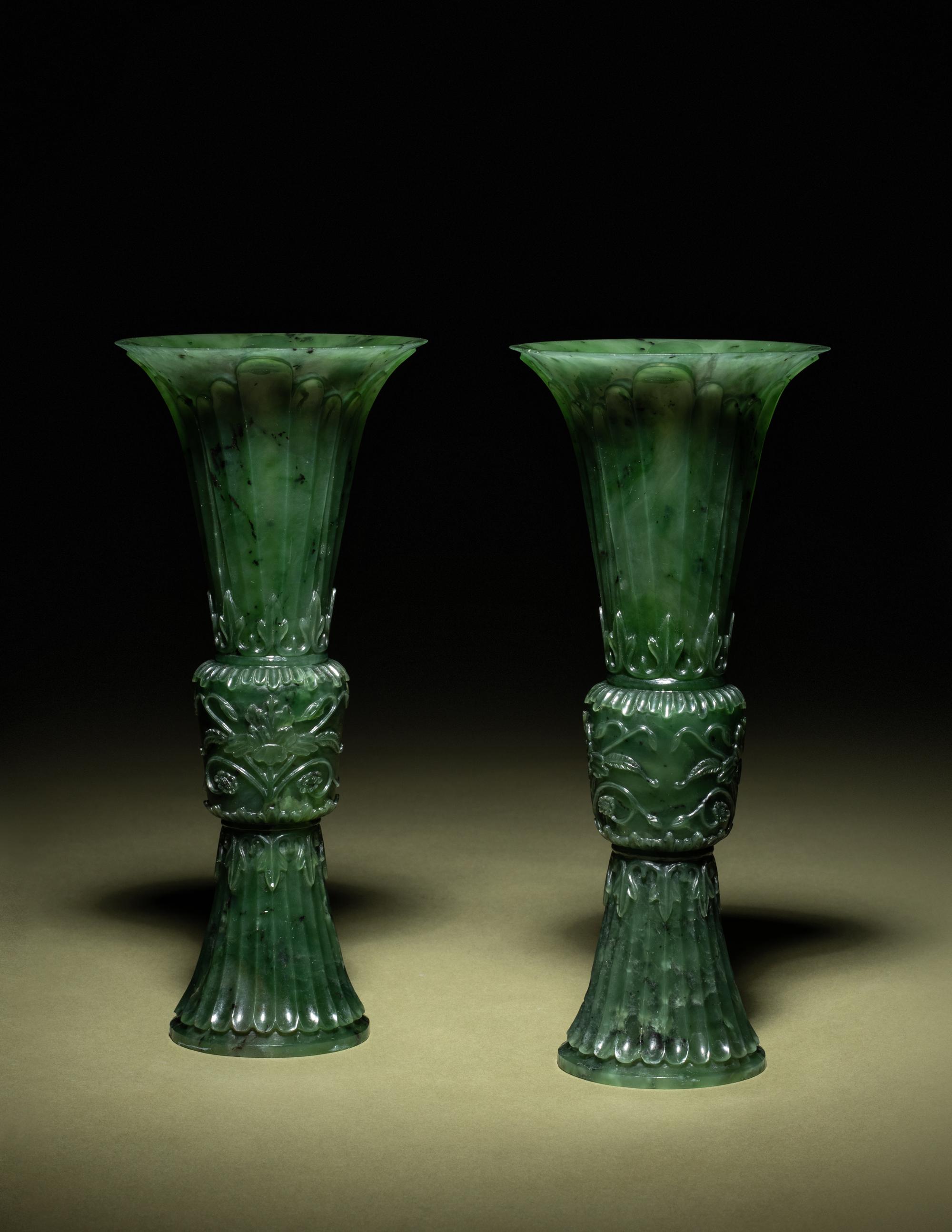 A Pair of Spinach Jade Gu Vases