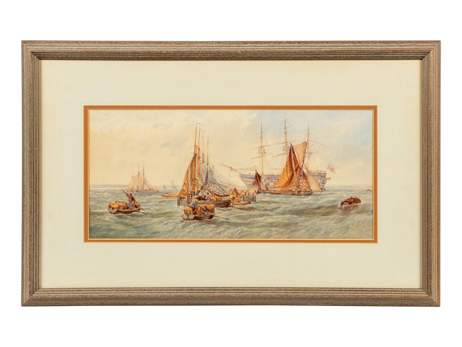 Harbor Scene with Warship and Dinghies