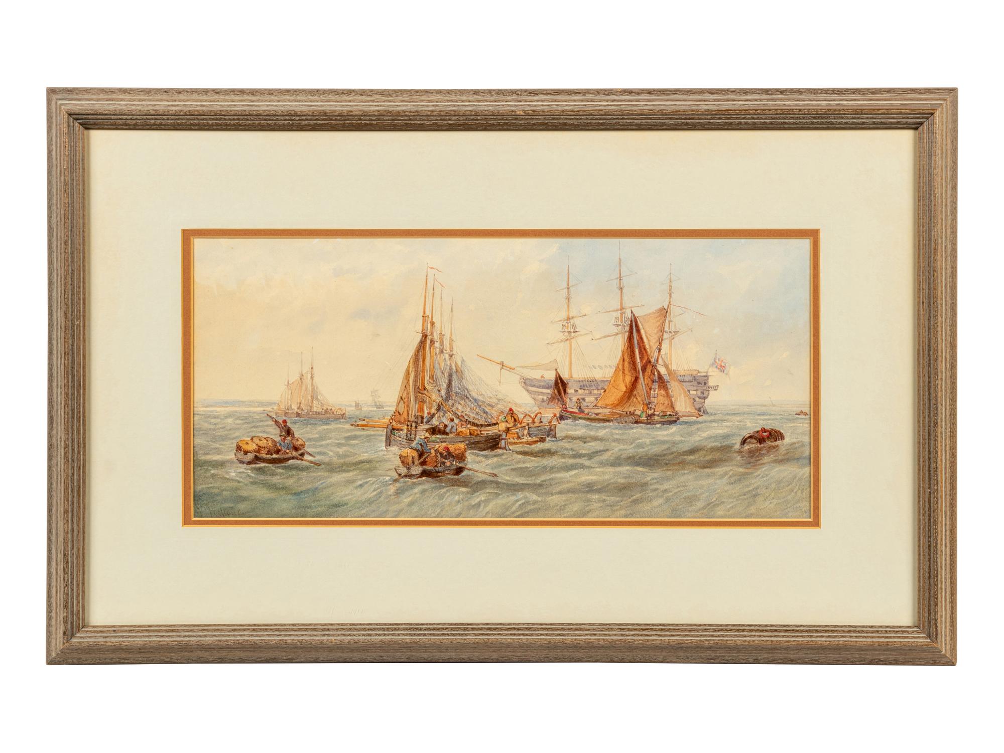 Harbor Scene with Warship and Dinghies