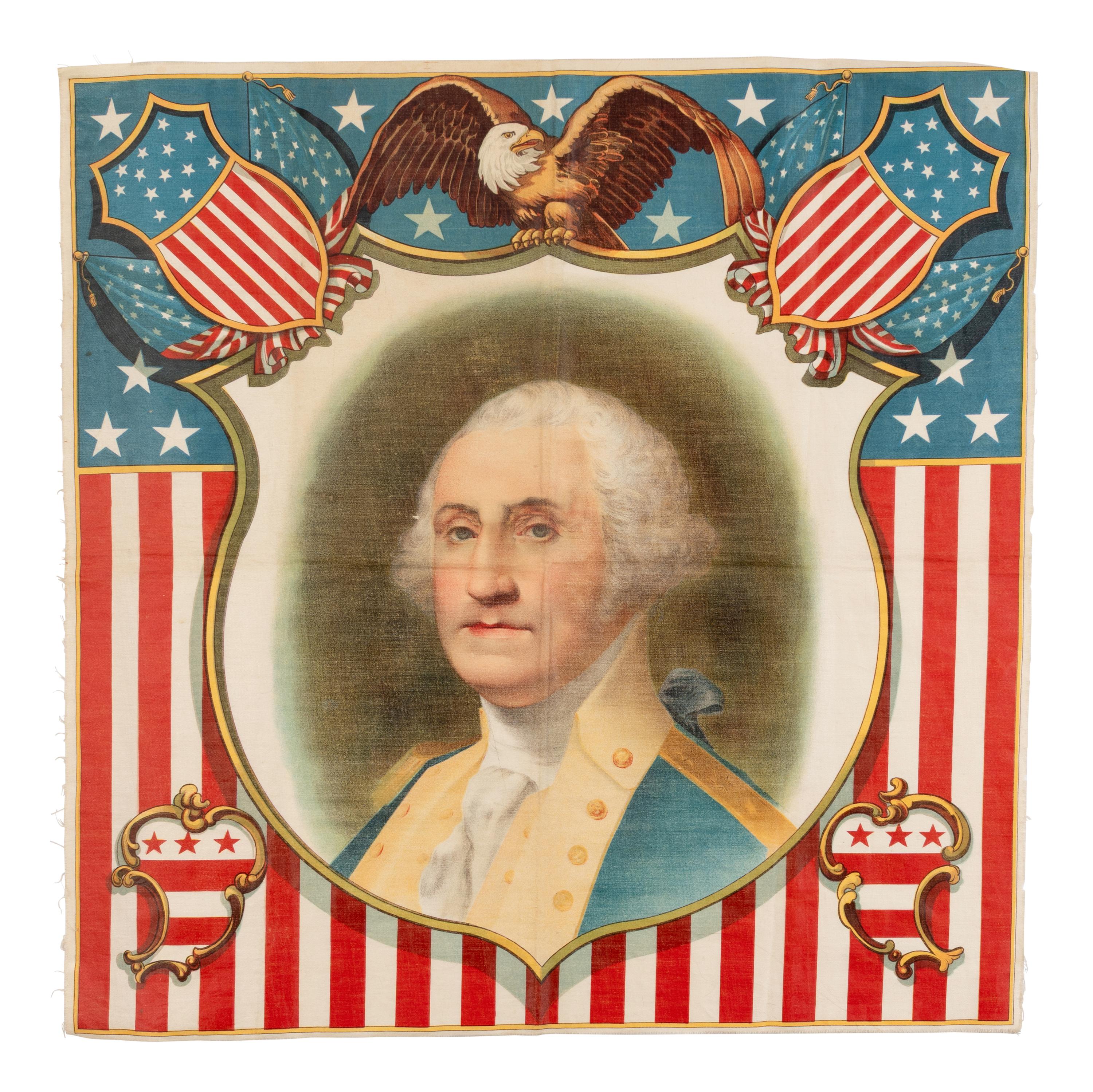 [WASHINGTON, George (1731-1799)]. Kerchief or pillow cover manufactured to mark the centennial of Washington's inauguration, ca 1889.