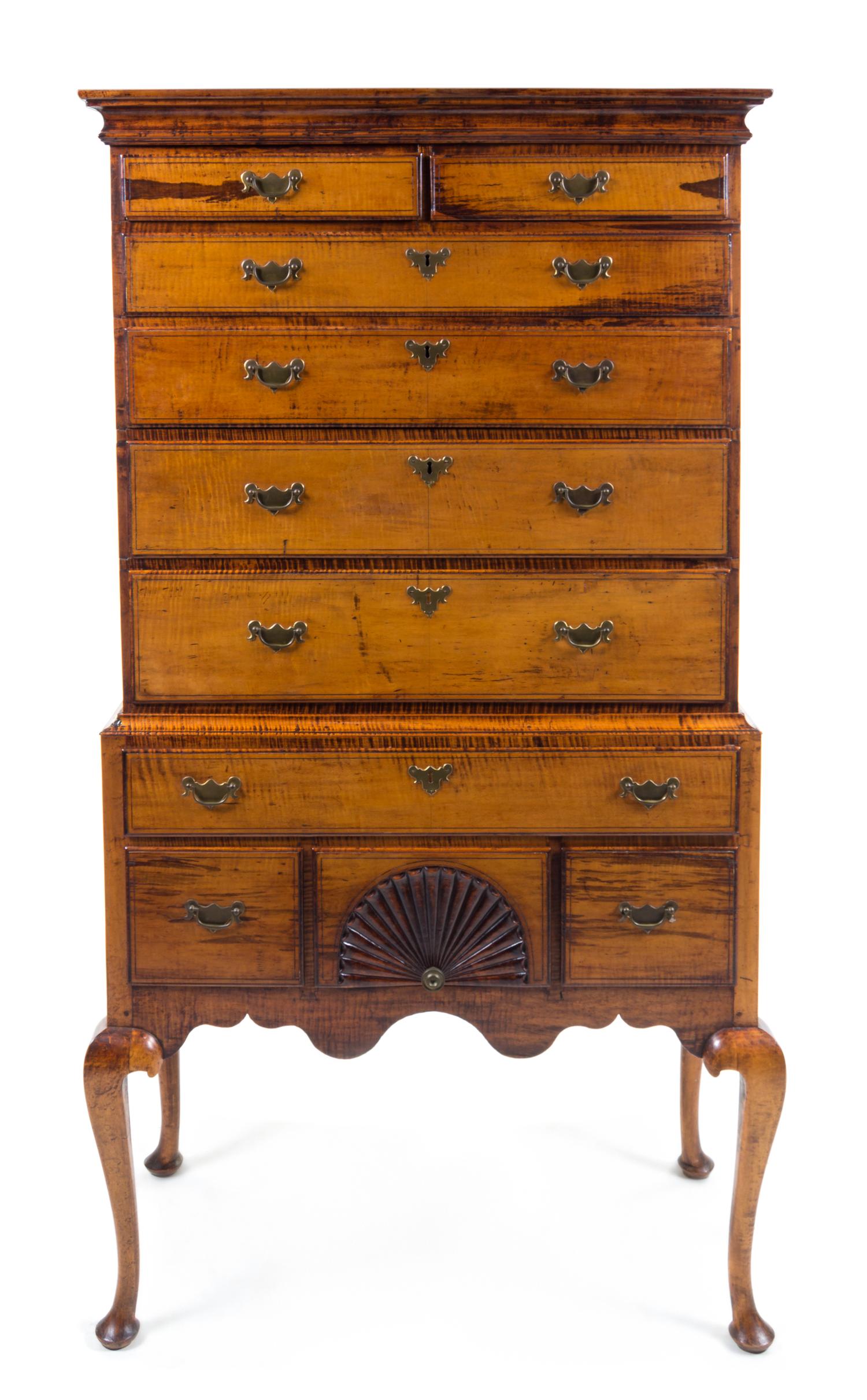 A Queen Anne Tiger Maple Highboy Height 72 3/8 x width 39 3/4 x depth 20 1/2 inches. — NEW ENGLAND, CIRCA 1765