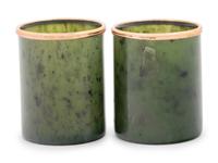 A Pair of Russian 14-Karat Gold and Diamond Mounted Jade Cordials