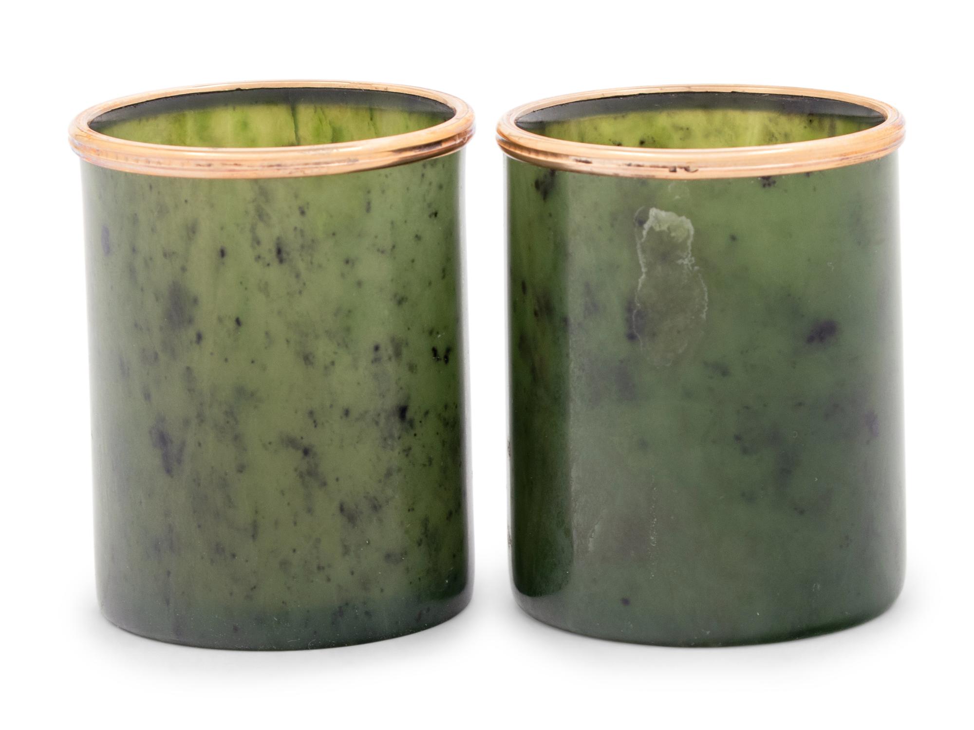 A Pair of Russian 14-Karat Gold and Diamond Mounted Jade Cordials