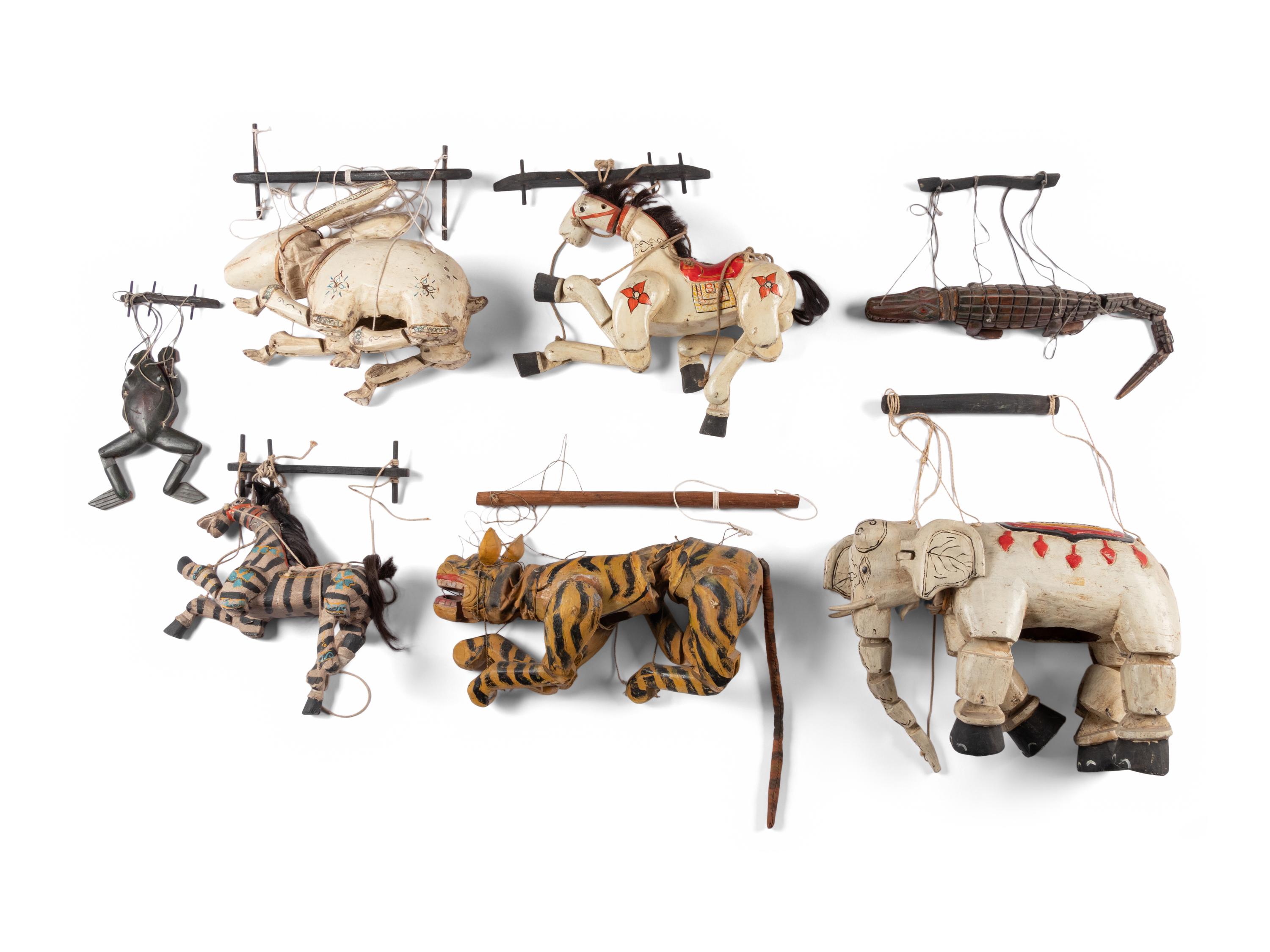 A Group of Seven Carved and Painted Wood Animalier Puppets