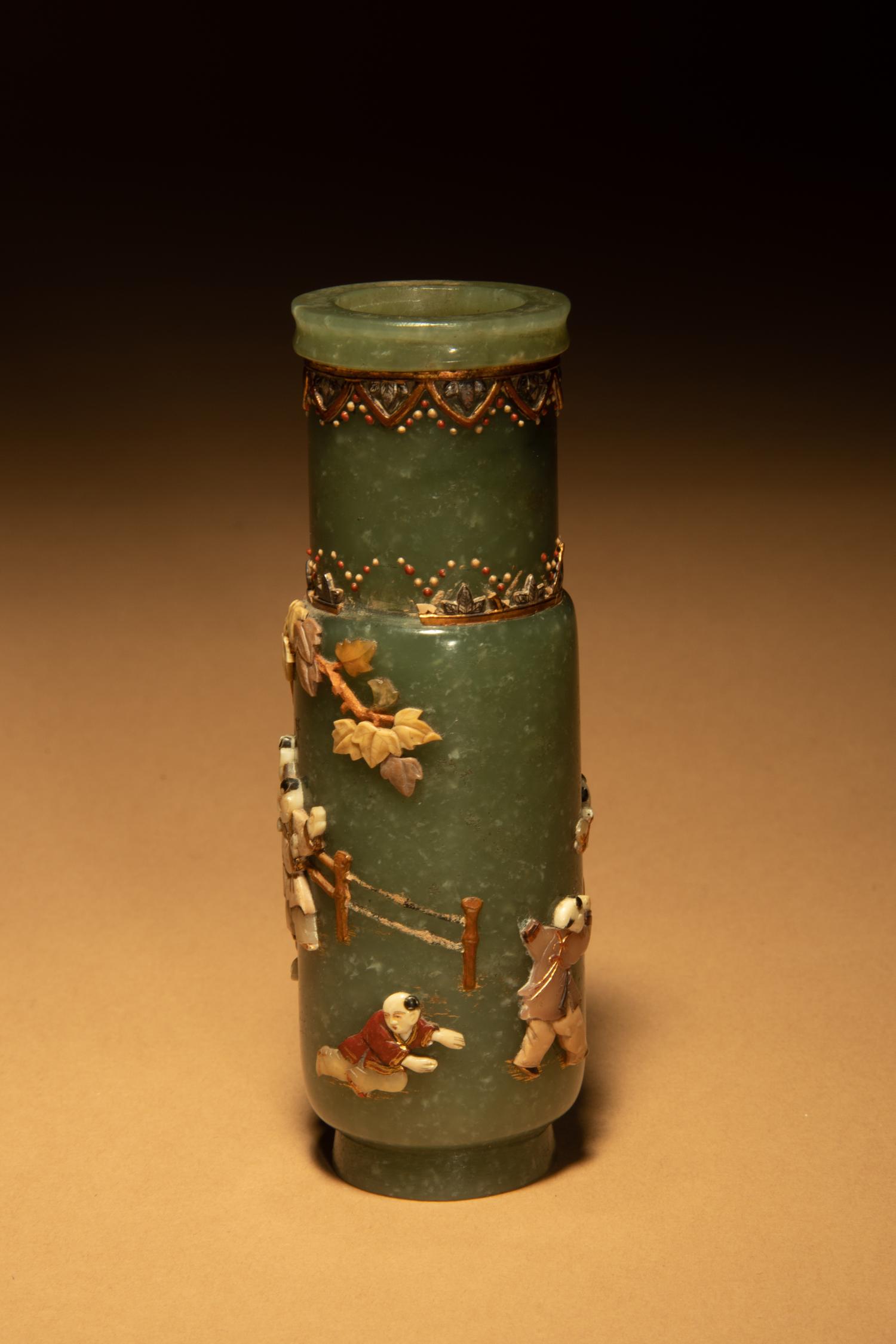A Hardstone Embellished Spinach Jade Incense Vase