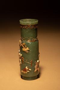 A Hardstone Embellished Spinach Jade Incense Vase