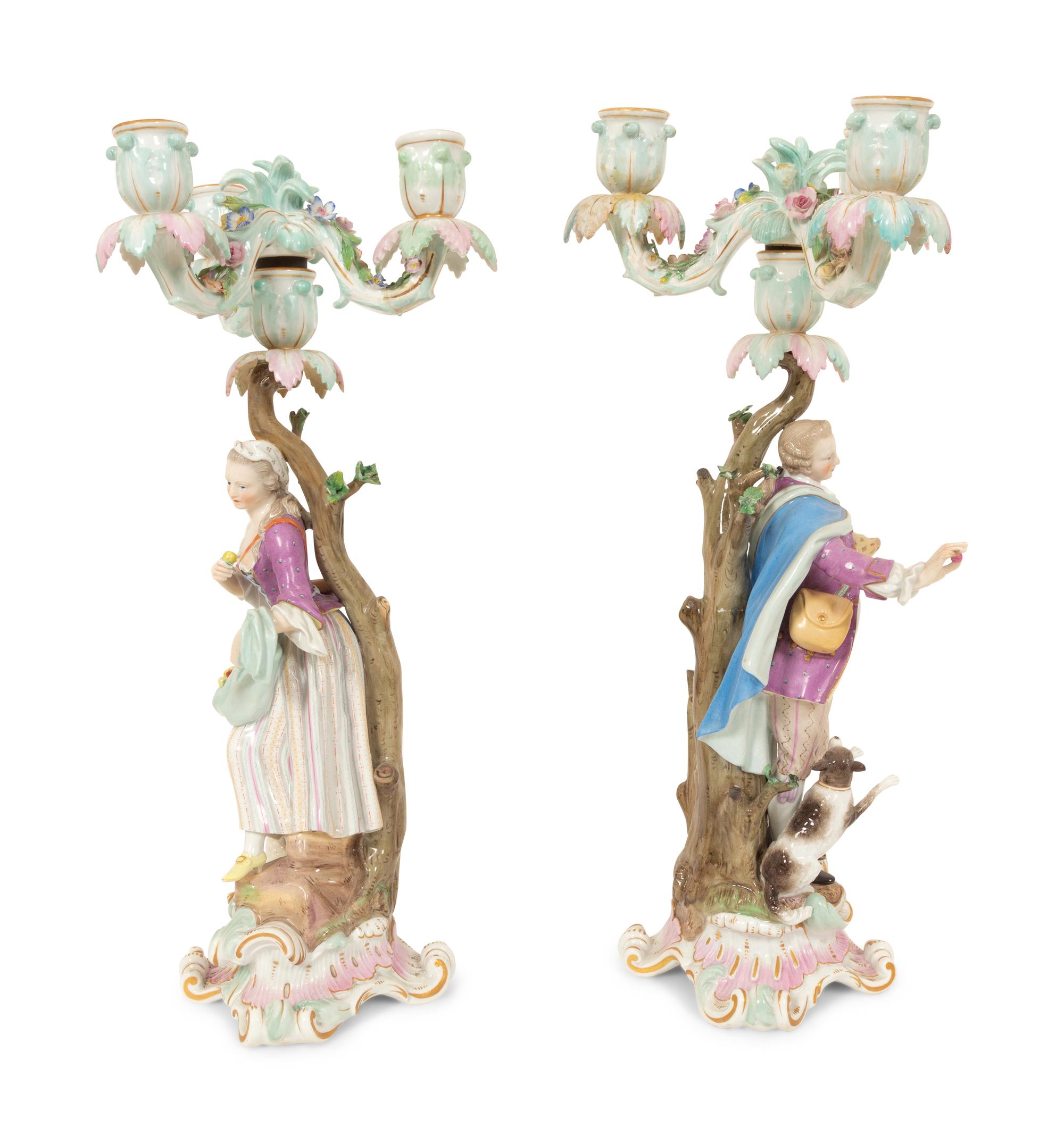 A Pair of Meissen Porcelain Figural Candelabra
