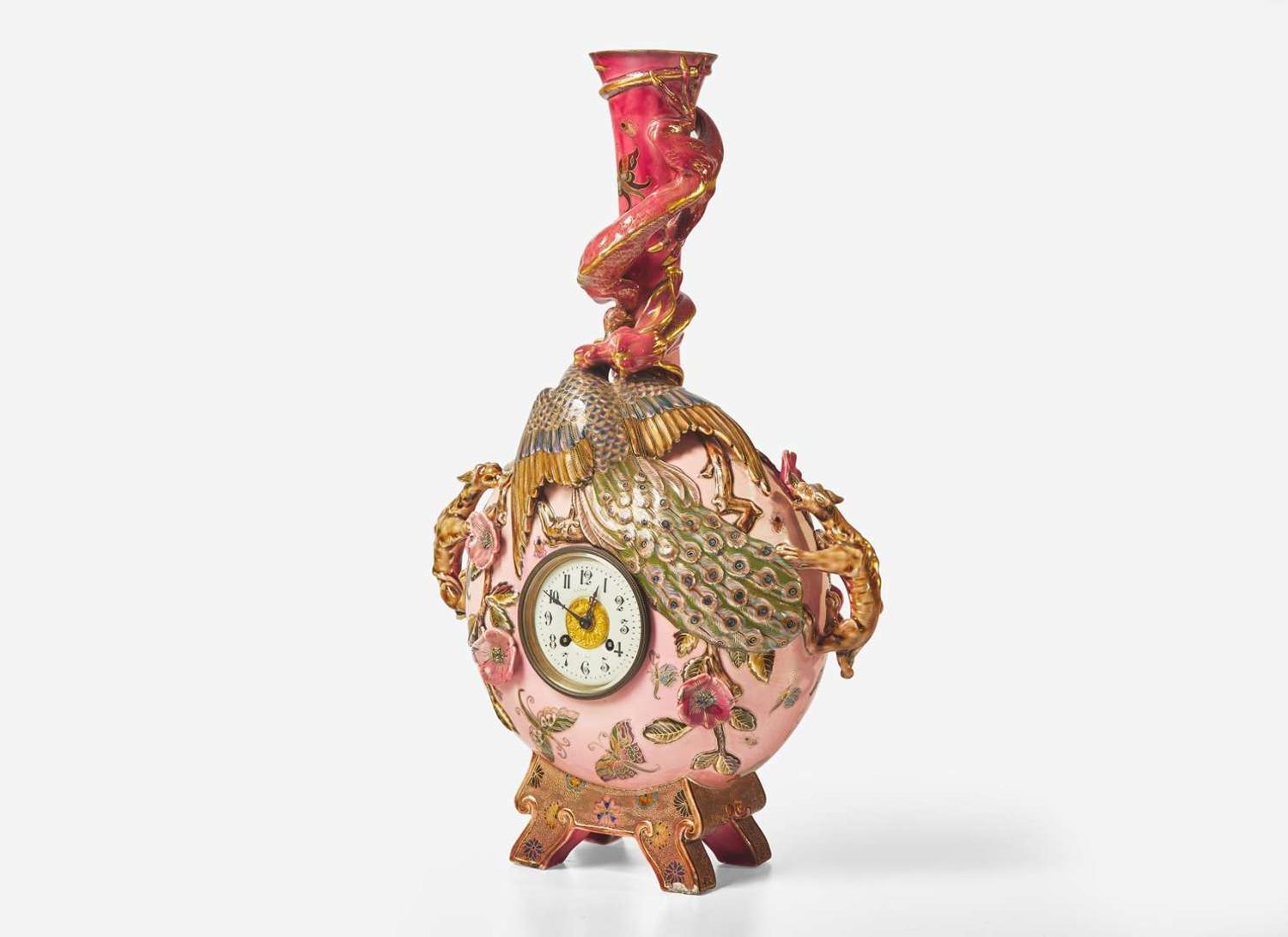An Aesthetic Movement Zsolnay lustreware clock vase, Pecs, Hungary, with works by Japy Frères & Cie, Paris, retailed by J.E. Caldwell & Co., Philadelphia, PA, 1878-1879