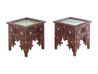 A Pair of Syrian Carved and Inlaid Walnut Low Vitrine Tables