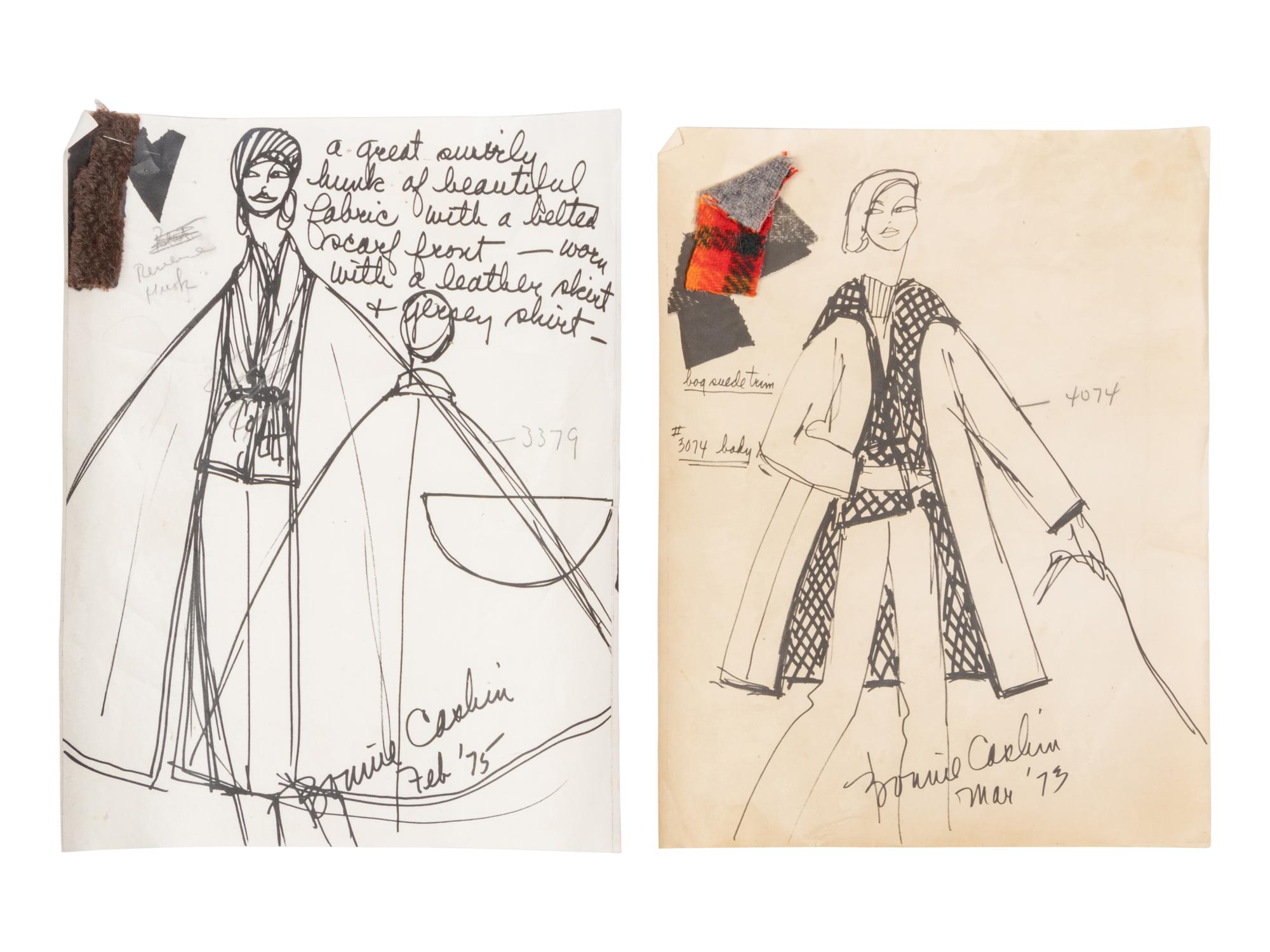 Bonnie Cashin Cape, Coat with Belt, Dress with Belt, Hooded Sweater, Two Sketches, 1960-70s