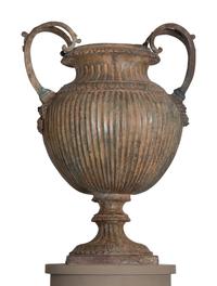 A Pair of Neoclassical Patinated Cast Metal Urns on Gray-Painted Wood Pedestals