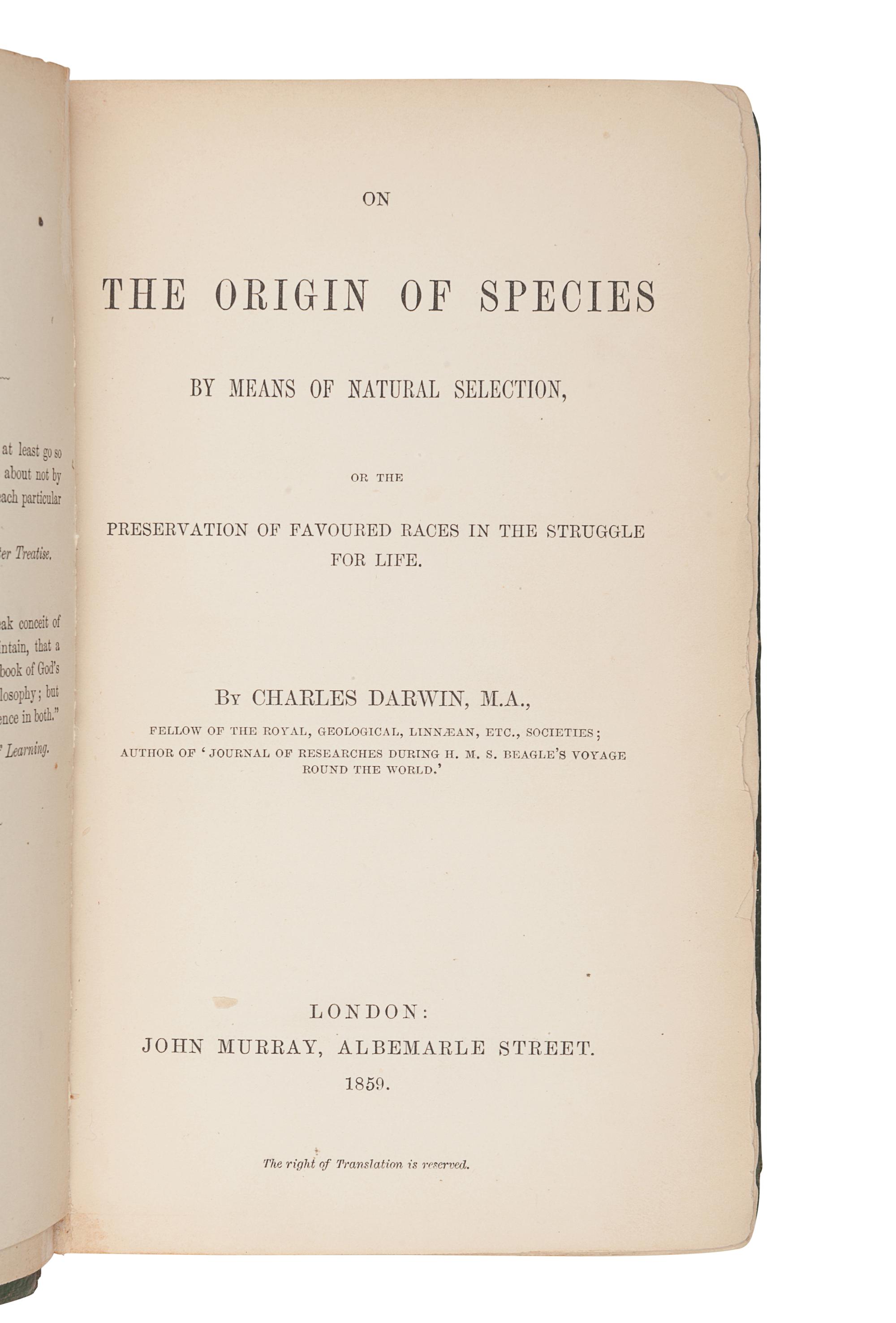 DARWIN, Charles Robert (1809-1882). On the Origin of Species by Means of Natural Selection . London: W. Clowes and Sons for John Murray, 1859.