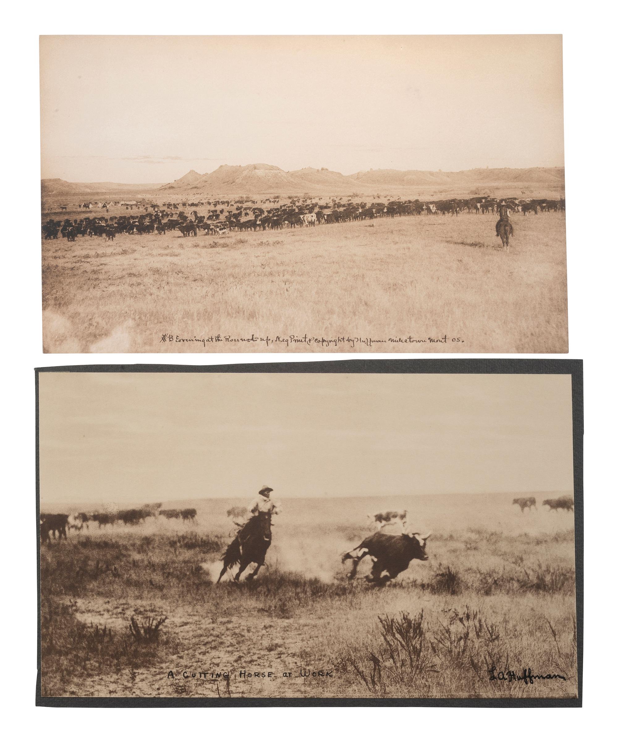 [WESTERN AMERICANA]. HUFFMAN, L.A. (1854-1931), photographer. A group of 3 collotypes featuring cowboys.