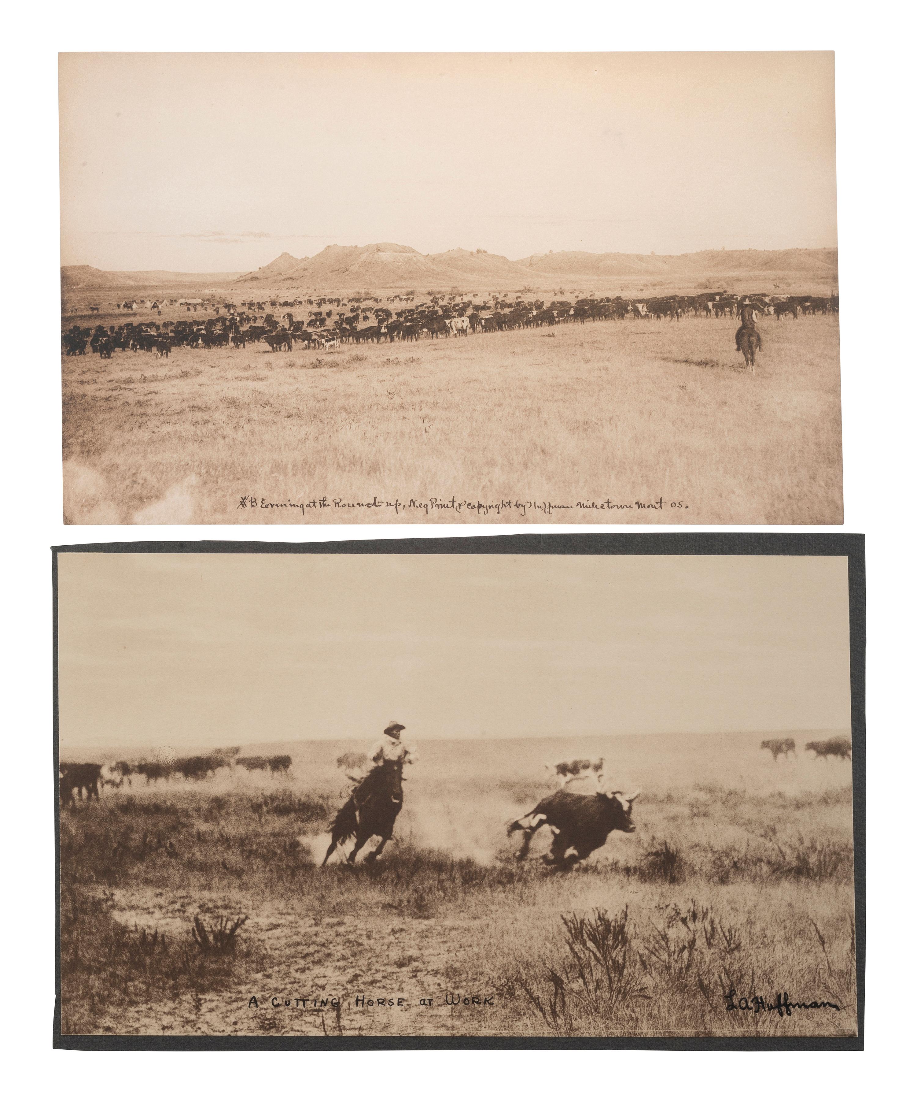[WESTERN AMERICANA]. HUFFMAN, L.A. (1854-1931), photographer. A group of 3 collotypes featuring cowboys.