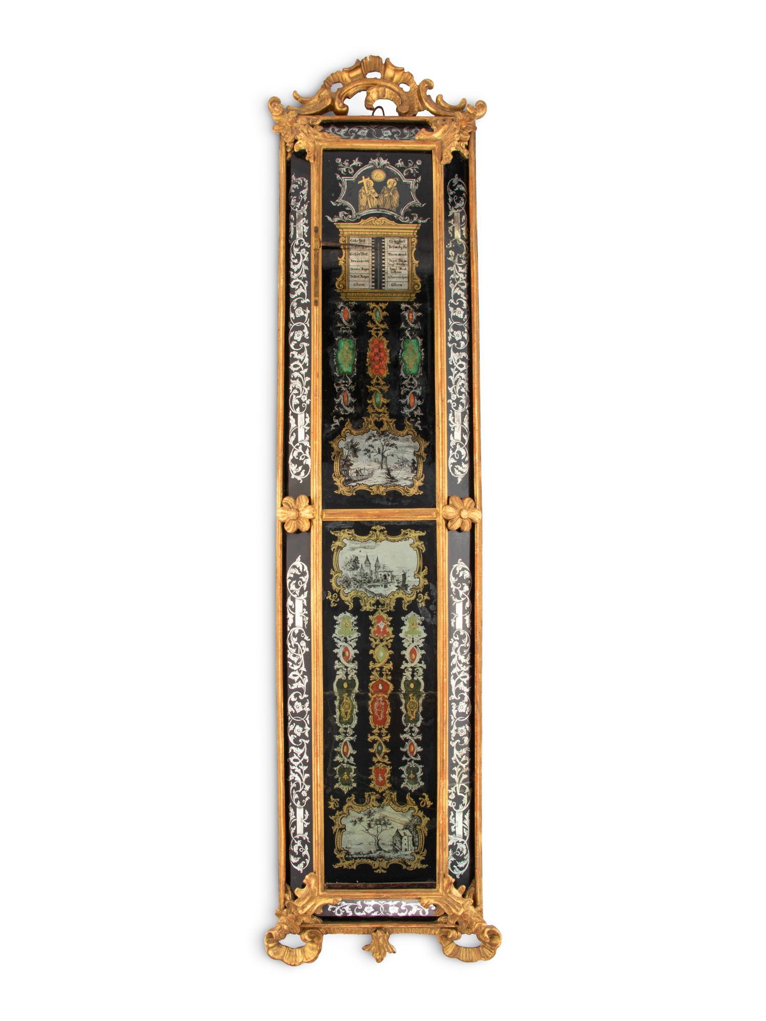 A German Rococo Carved Giltwood and Églomisé Decorated Barometer