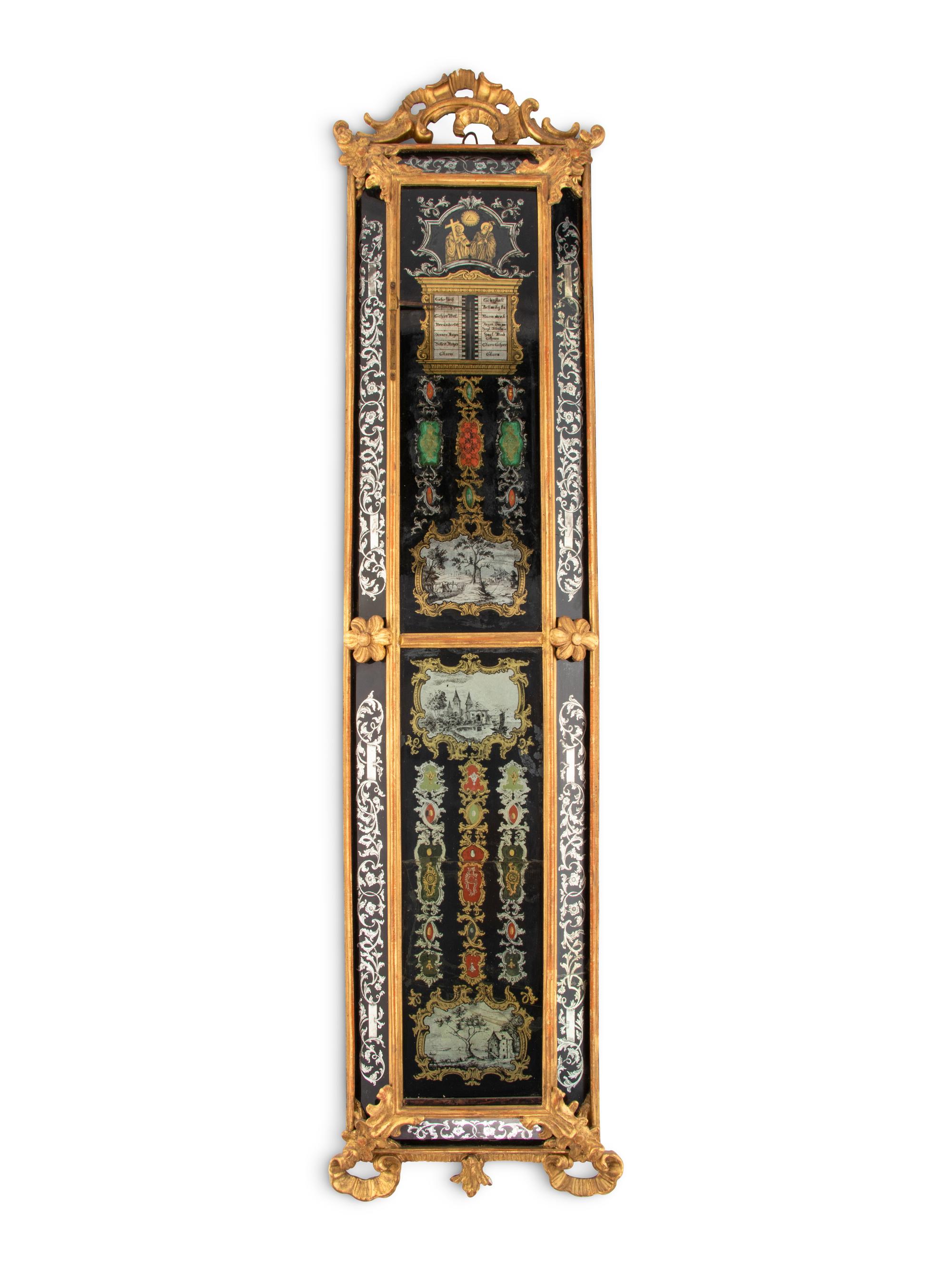 A German Rococo Carved Giltwood and Églomisé Decorated Barometer
