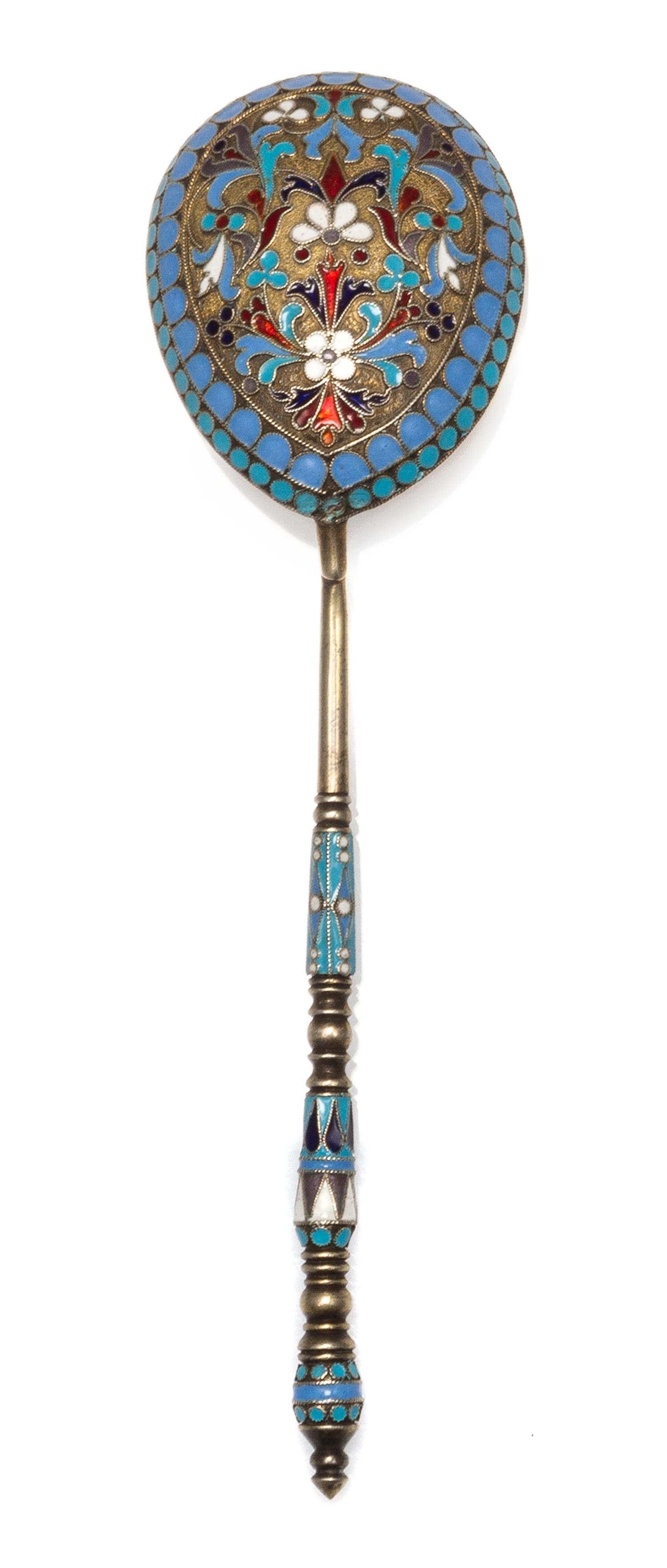A Russian Enameled Silver Spoon, , the back of the bowl worked with polychrome rinceau scrolls against a textured ground with double bo