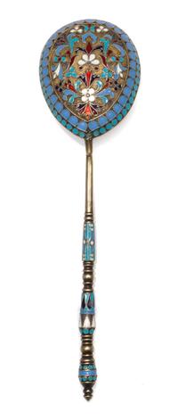 A Russian Enameled Silver Spoon, , the back of the bowl worked with polychrome rinceau scrolls against a textured ground with double bo