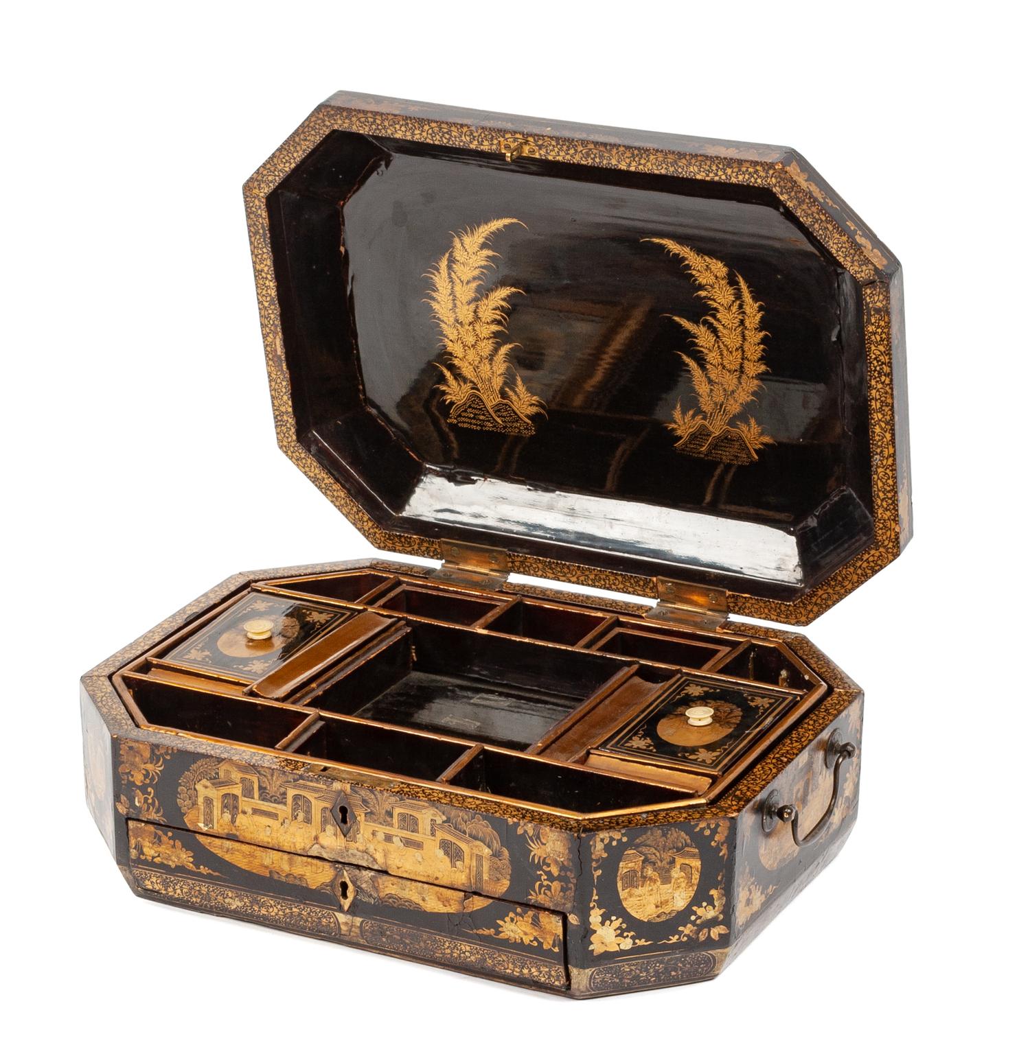 An English Colonial Lacquered Sewing Box Height 5 x width 15 x depth 10 1/2 inches. — 19TH CENTURY