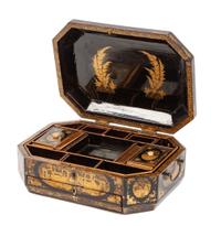 An English Colonial Lacquered Sewing Box Height 5 x width 15 x depth 10 1/2 inches. — 19TH CENTURY