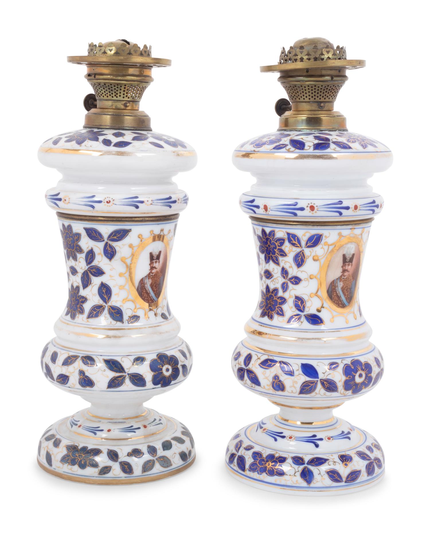 A Pair of Persian Market Opaline Glass Oil Lamps