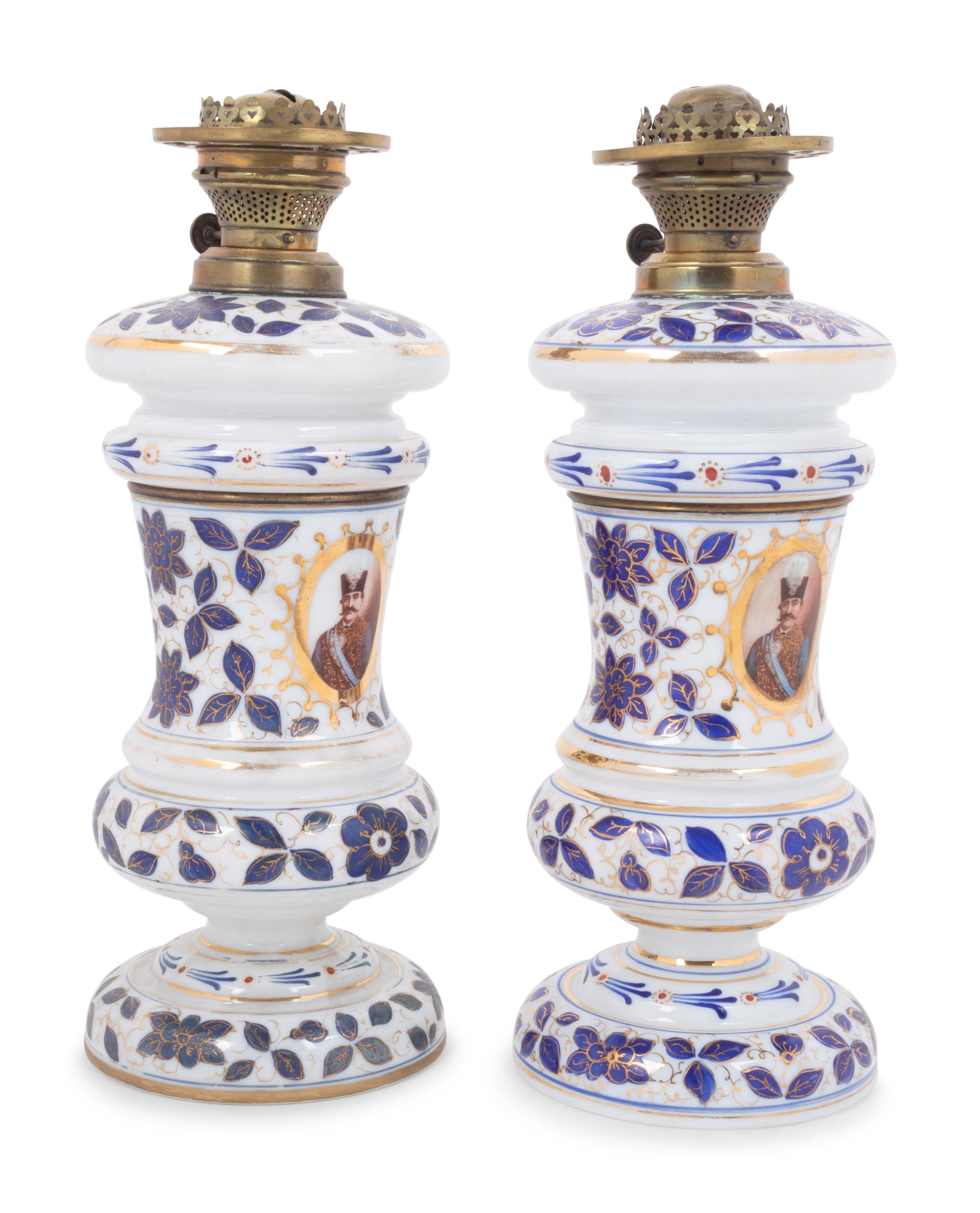 A Pair of Persian Market Opaline Glass Oil Lamps