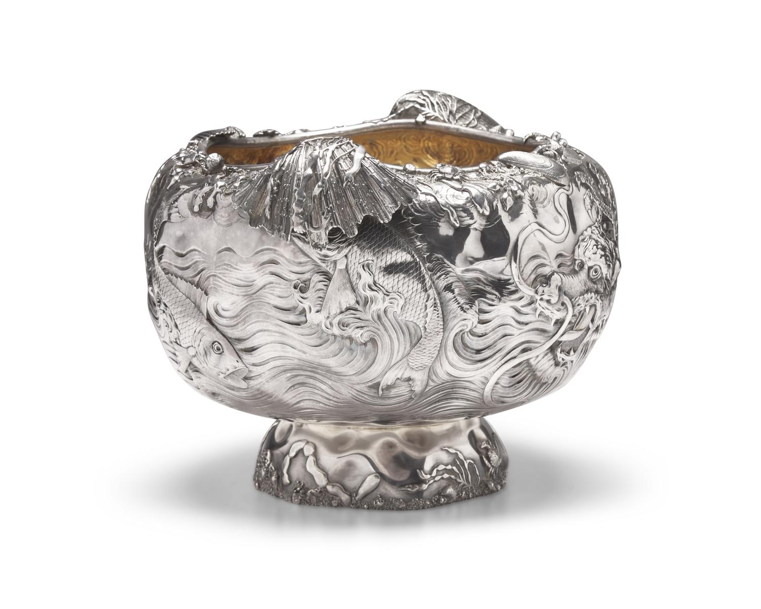 A Rare and Monumental Sterling Silver Japonesque Punch Bowl