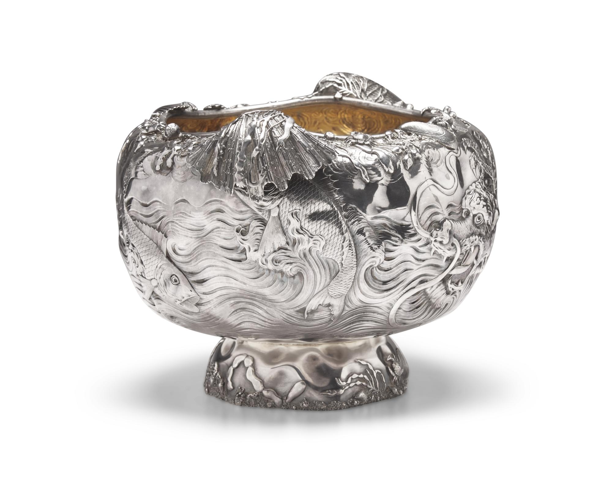A Rare and Monumental Sterling Silver Japonesque Punch Bowl