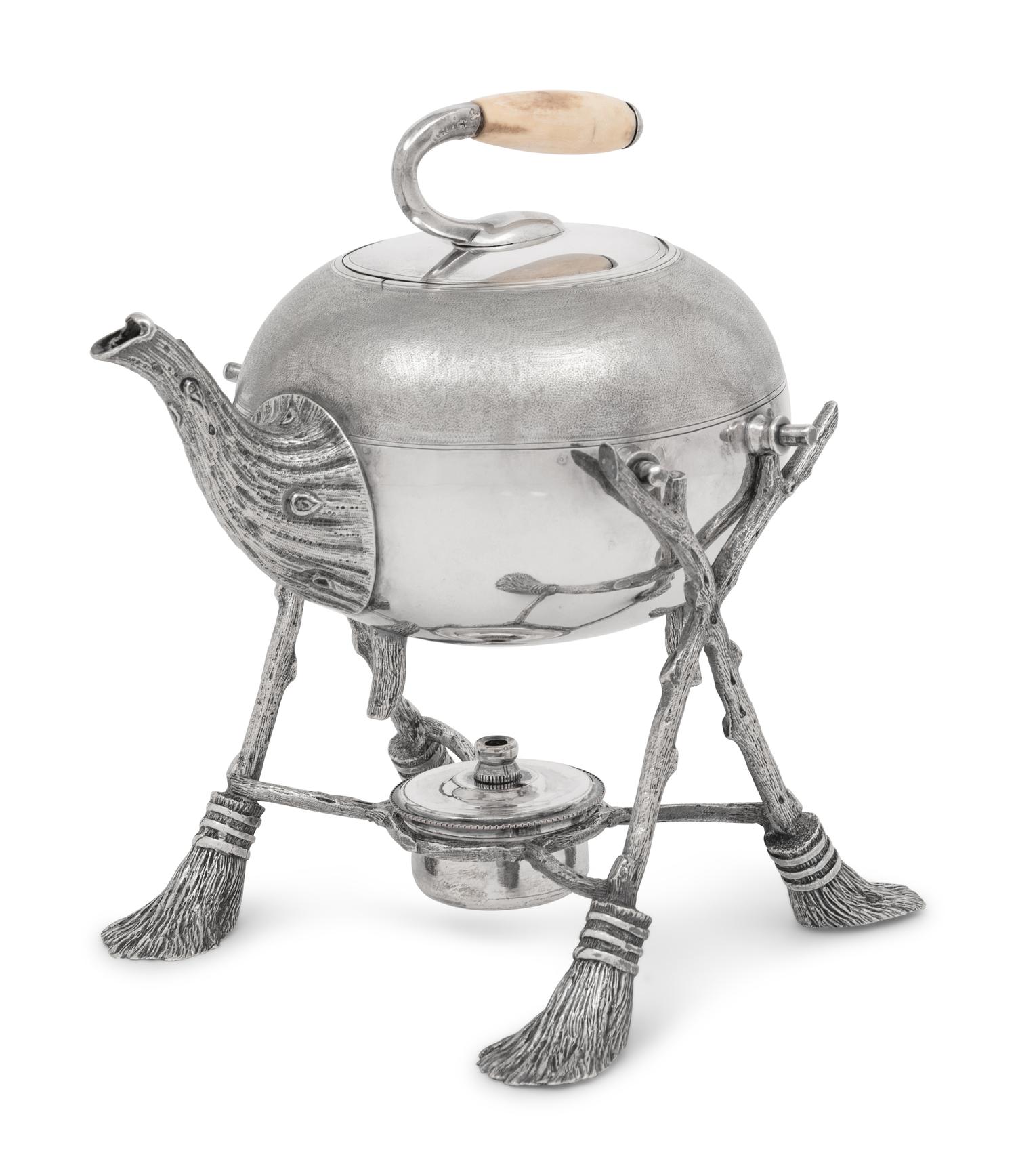 A Curling Stone-Form Silver-Plate Teapot on Stand
