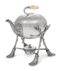 A Curling Stone-Form Silver-Plate Teapot on Stand