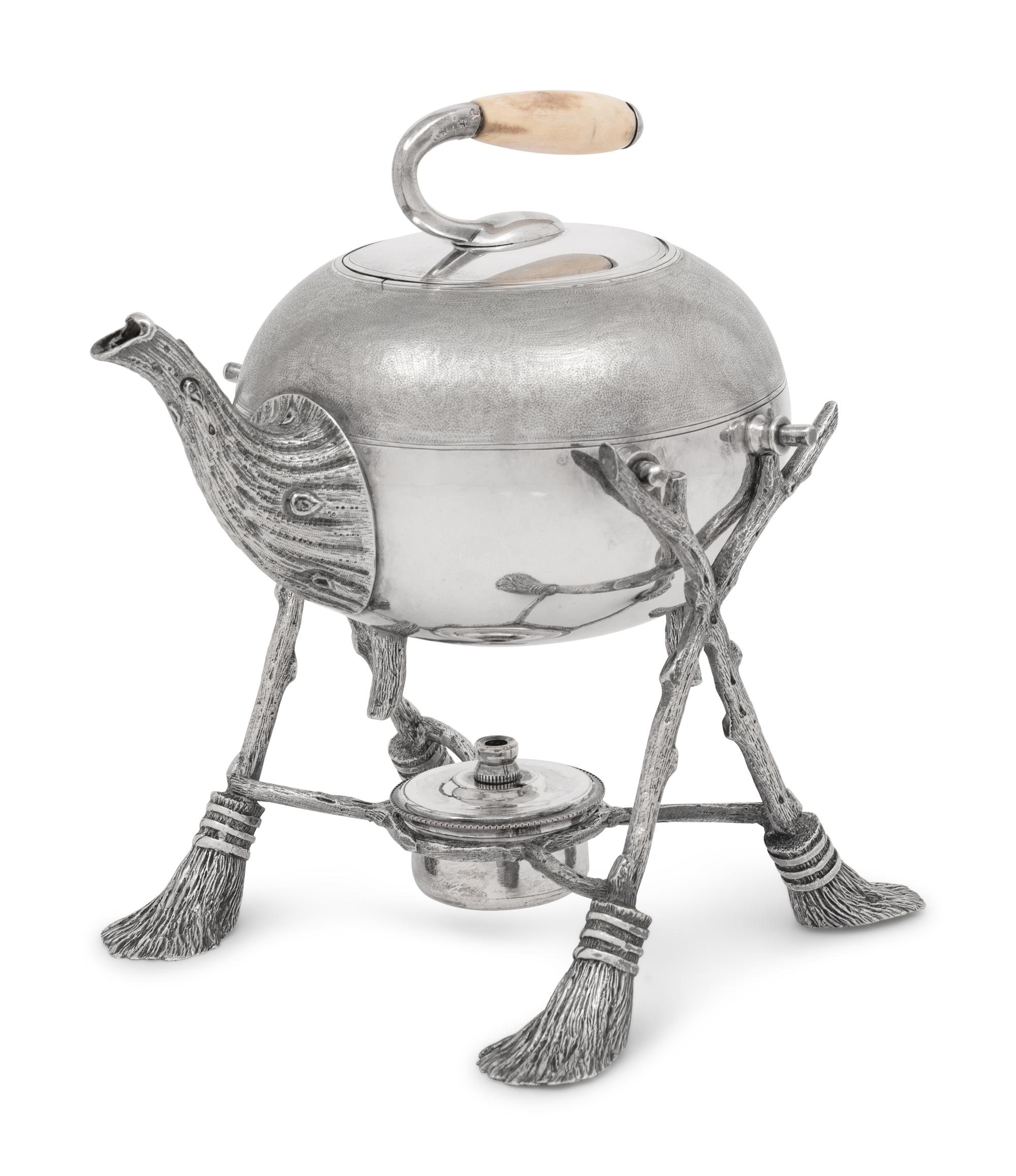 A Curling Stone-Form Silver-Plate Teapot on Stand