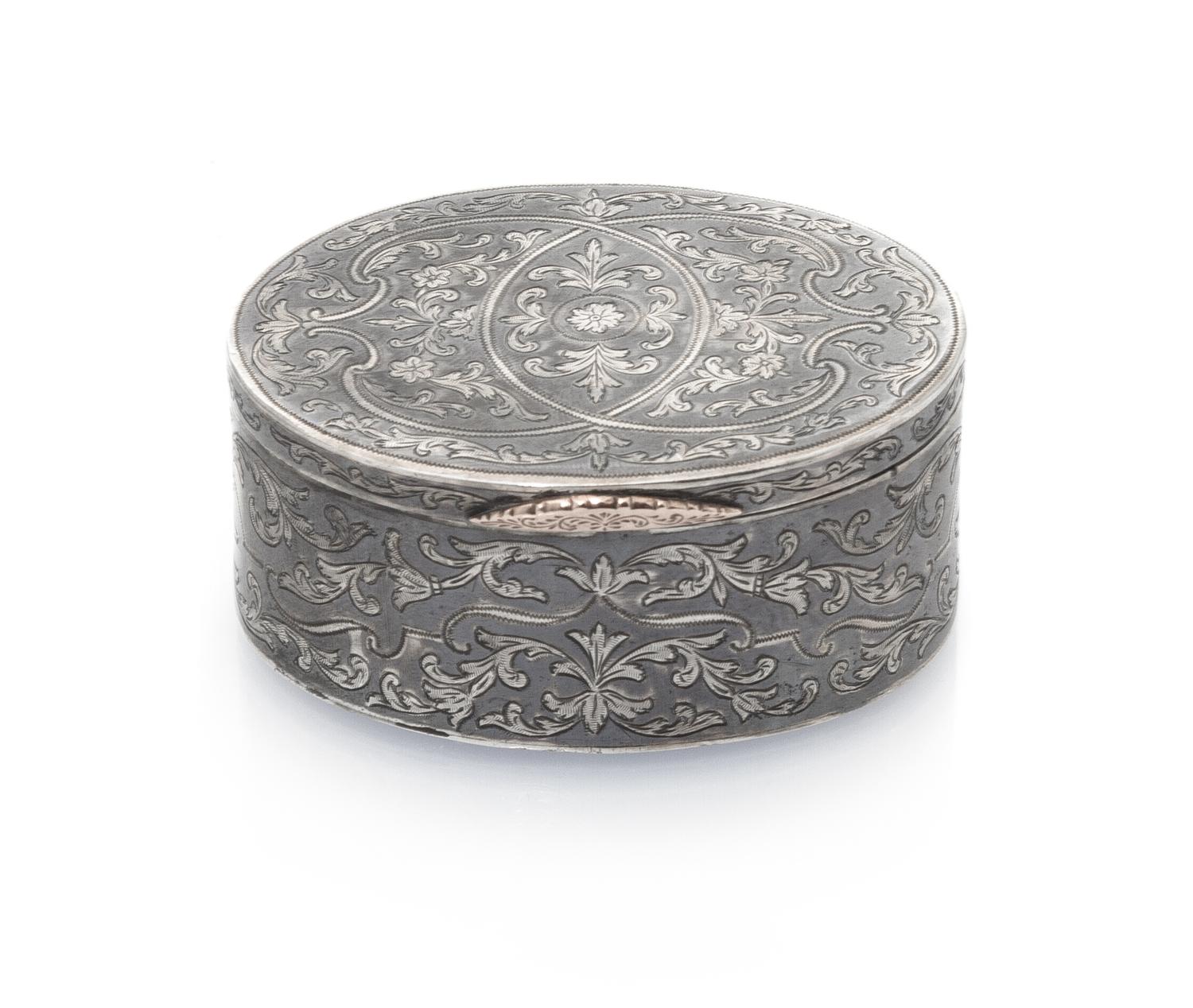 A Russian Niello Silver Box, Maker's mark Cyrillic P.S, assay obscured, Moscow, 19th Century, the case worked with engraved floral and