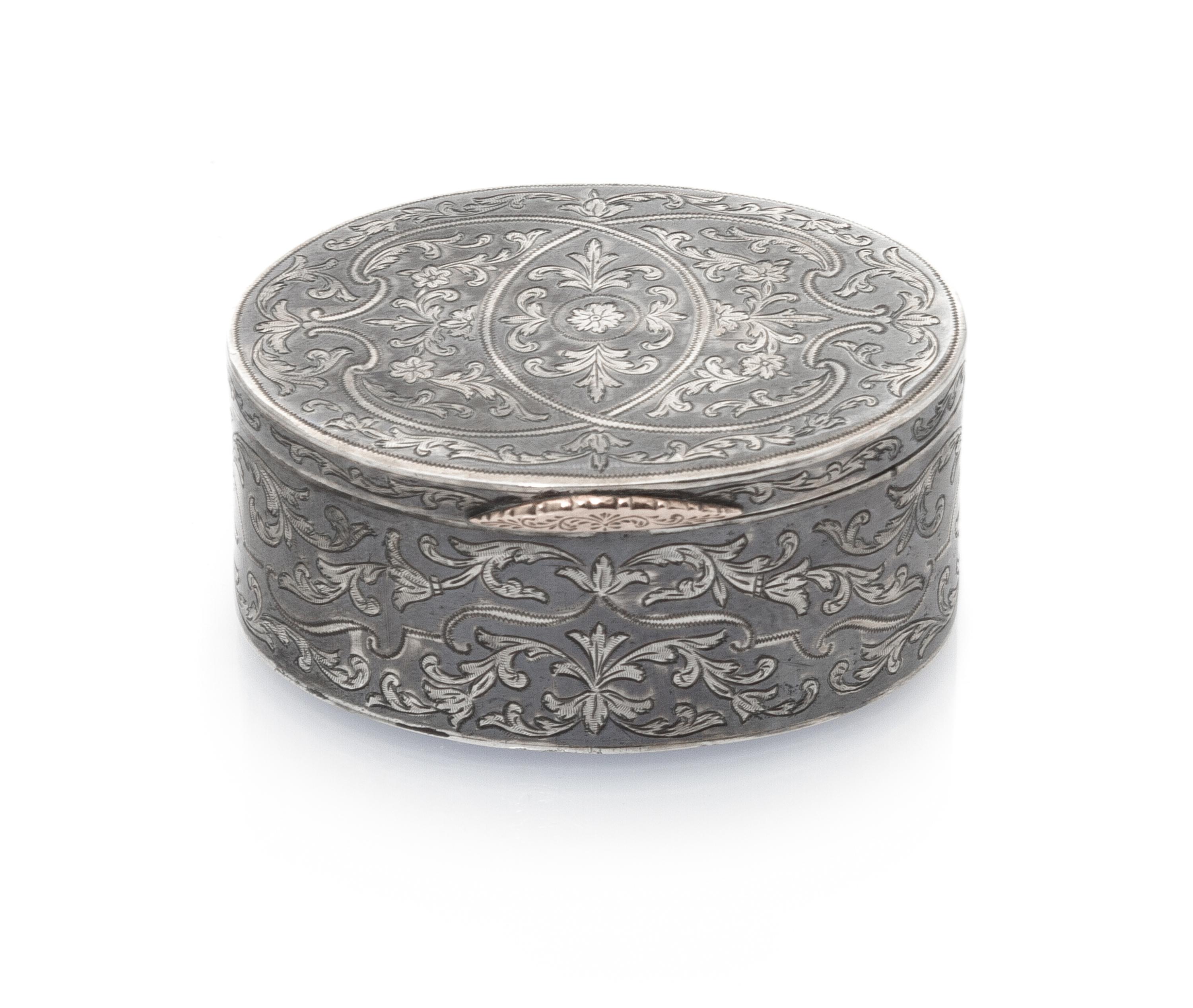 A Russian Niello Silver Box, Maker's mark Cyrillic P.S, assay obscured, Moscow, 19th Century, the case worked with engraved floral and