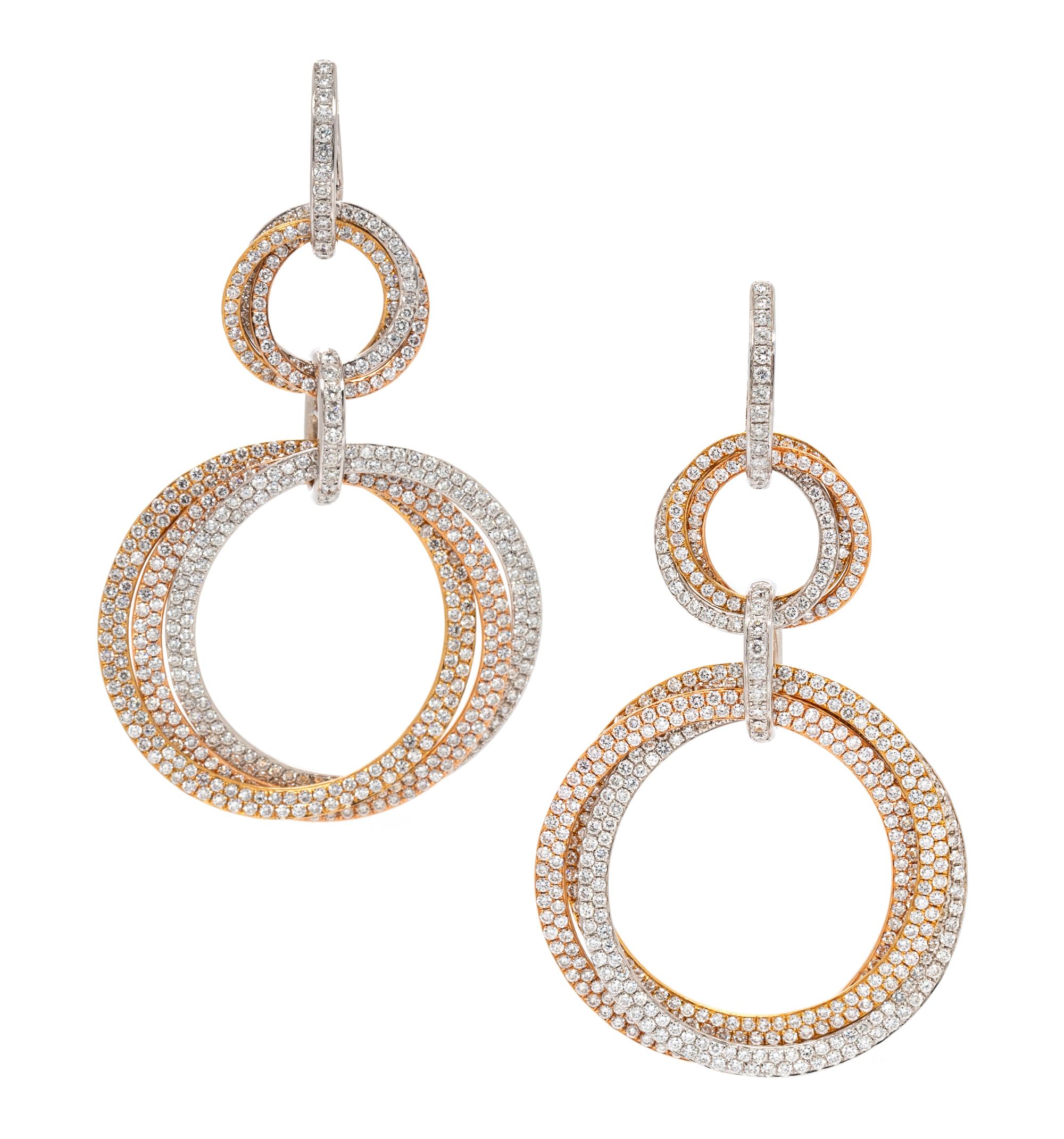 A Pair of 18 Karat Tricolor Gold and Diamond Pendant Earrings, 19.80 dwts.