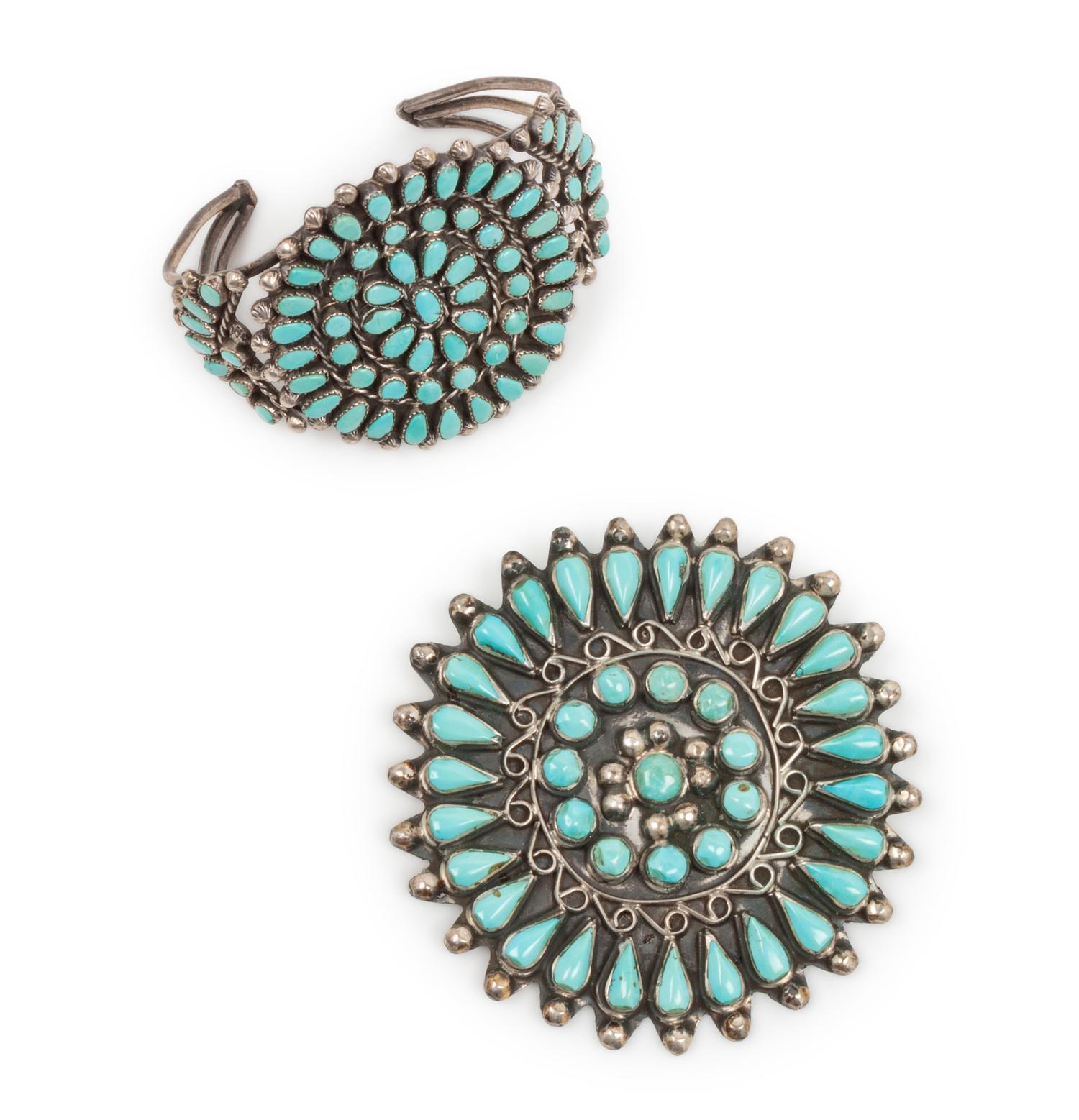 Zuni Silver and Turquoise Cluster Cuff Bracelet AND Brooch / Pin
