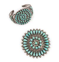 Zuni Silver and Turquoise Cluster Cuff Bracelet AND Brooch / Pin
