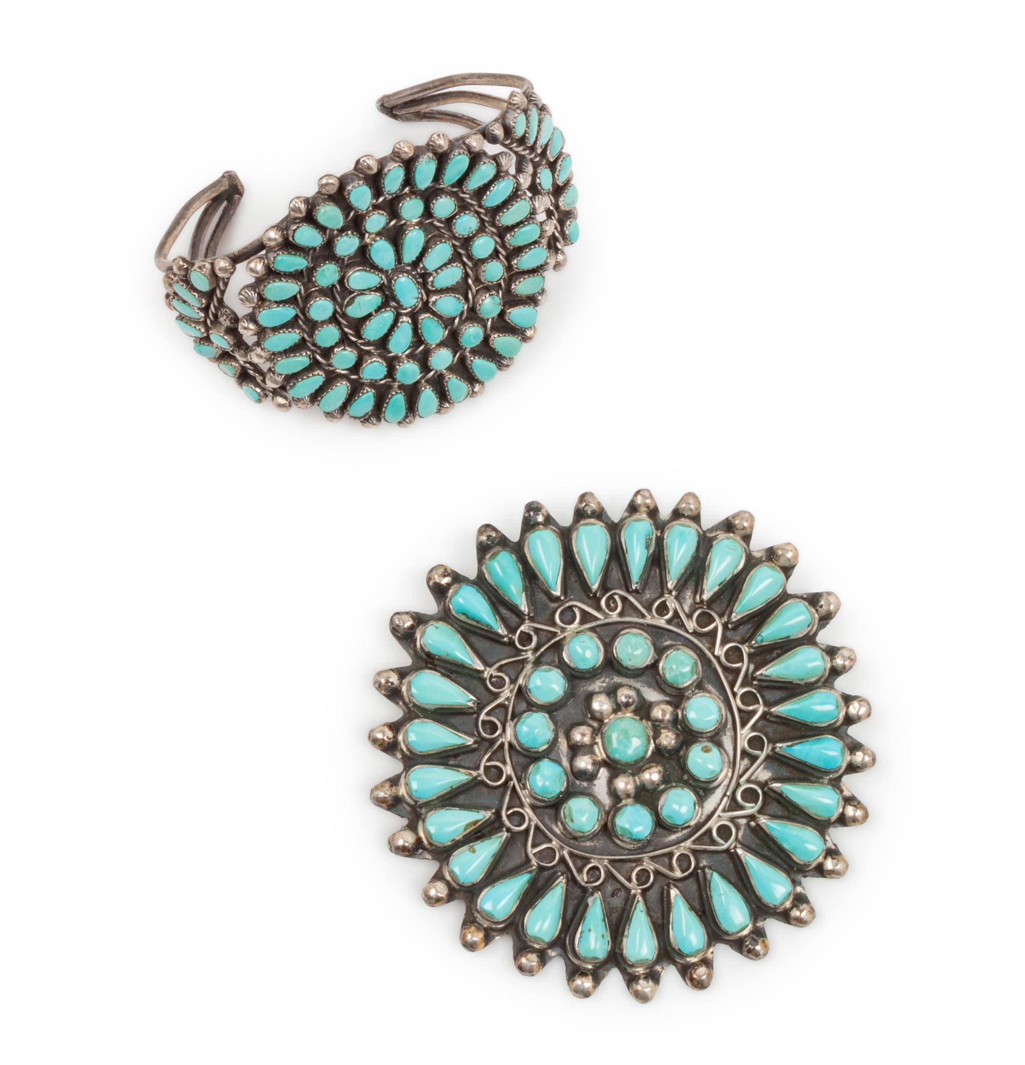 Zuni Silver and Turquoise Cluster Cuff Bracelet AND Brooch / Pin