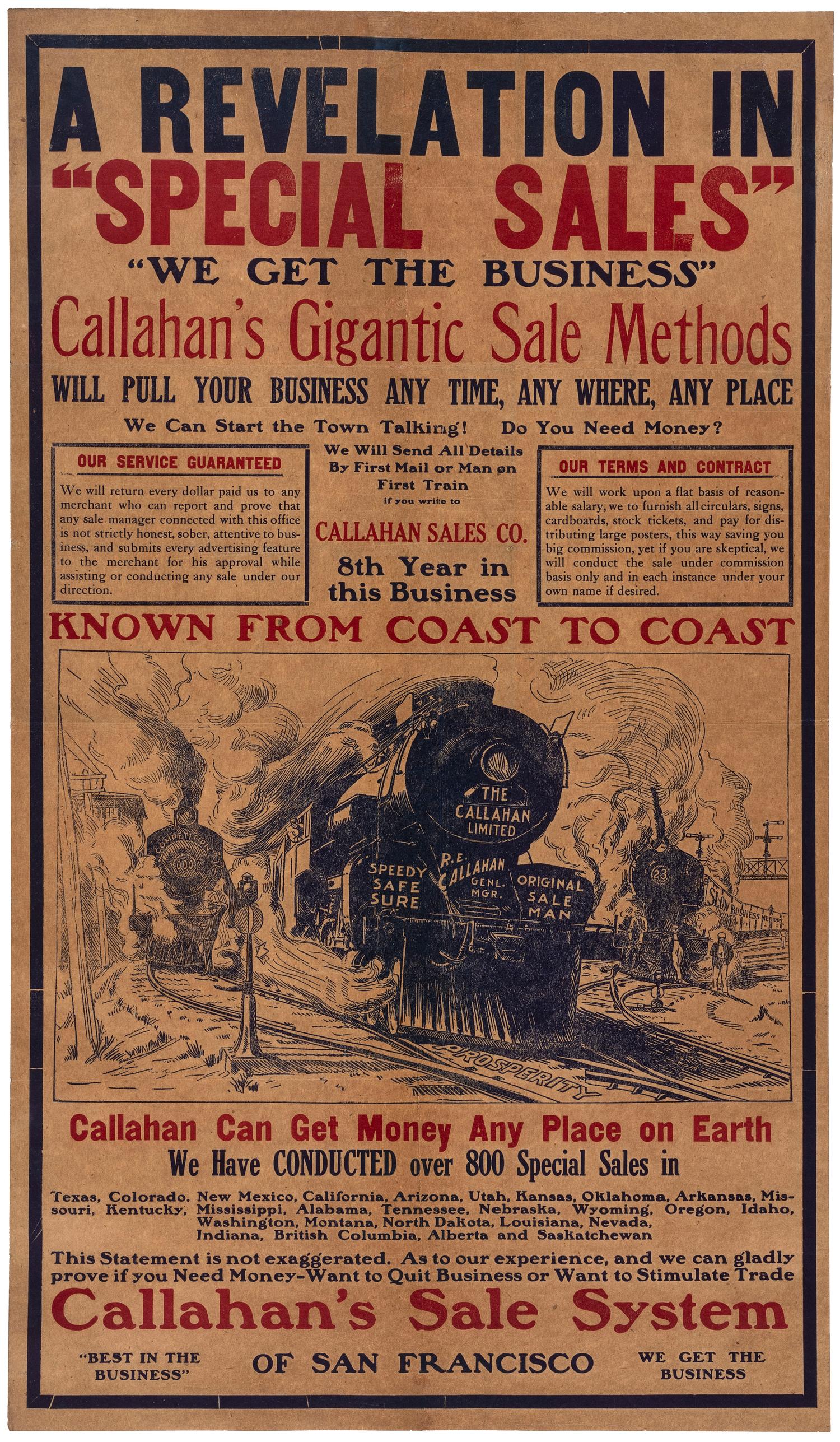 [ADVERTISING]. Callahan's Sale System of San Francisco . Poster featuring railroad illustration. [Ca 1909-1911].