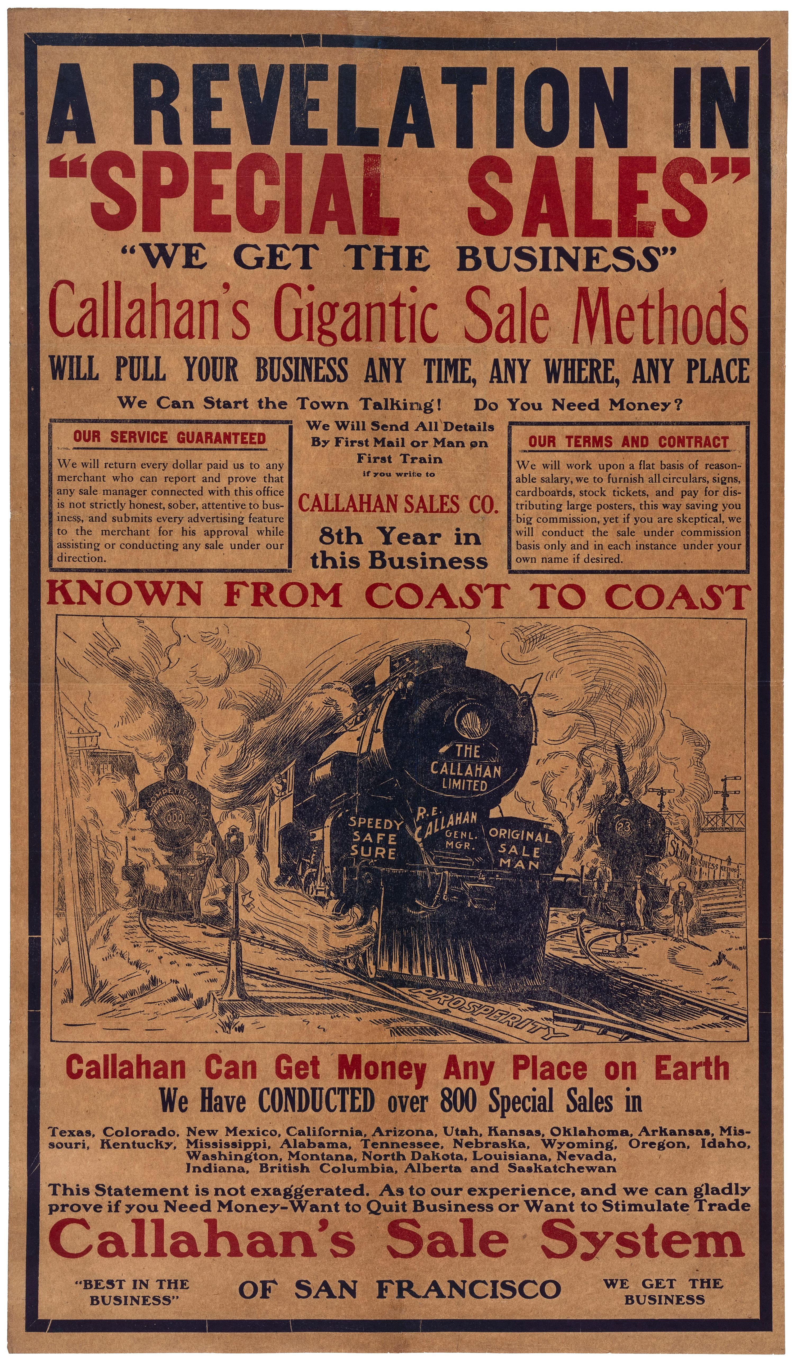 [ADVERTISING]. Callahan's Sale System of San Francisco . Poster featuring railroad illustration. [Ca 1909-1911].