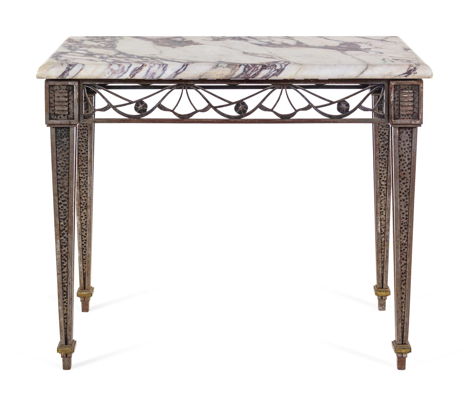 An Art Deco Patinated Metal Marble-Top Side Table