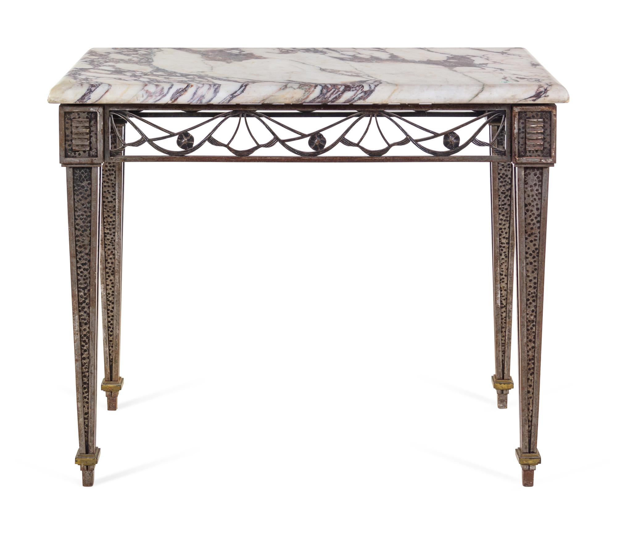 An Art Deco Patinated Metal Marble-Top Side Table