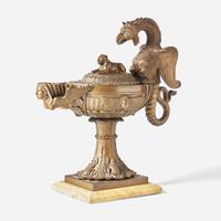 A Grand Tour Egyptian Revival bronze oil lamp on Giallo antico marble base Benedetto Boschetti (active c. 1820-1870), Rome, Italy, mid-19th century