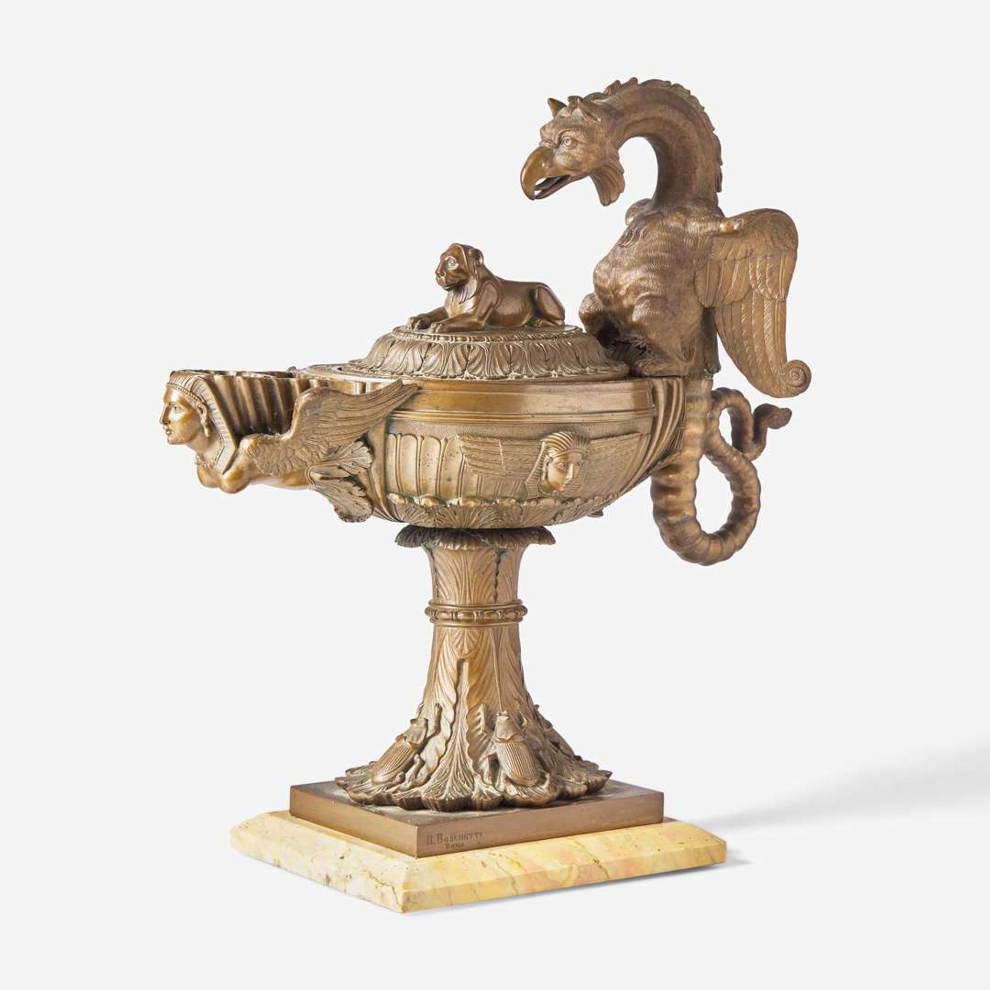 A Grand Tour Egyptian Revival bronze oil lamp on Giallo antico marble base Benedetto Boschetti (active c. 1820-1870), Rome, Italy, mid-19th century