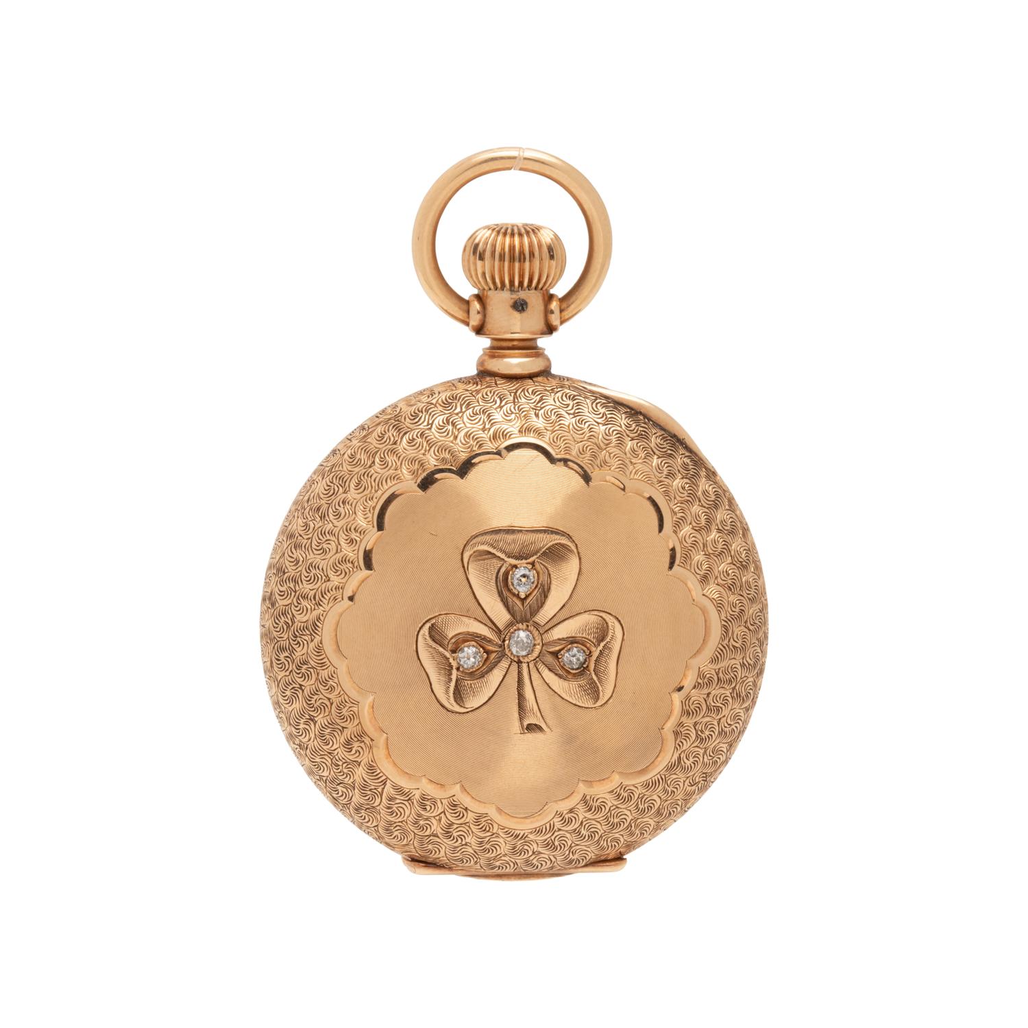 ELGIN, 14K YELLOW GOLD AND DIAMOND HUNTER CASE POCKET WATCH