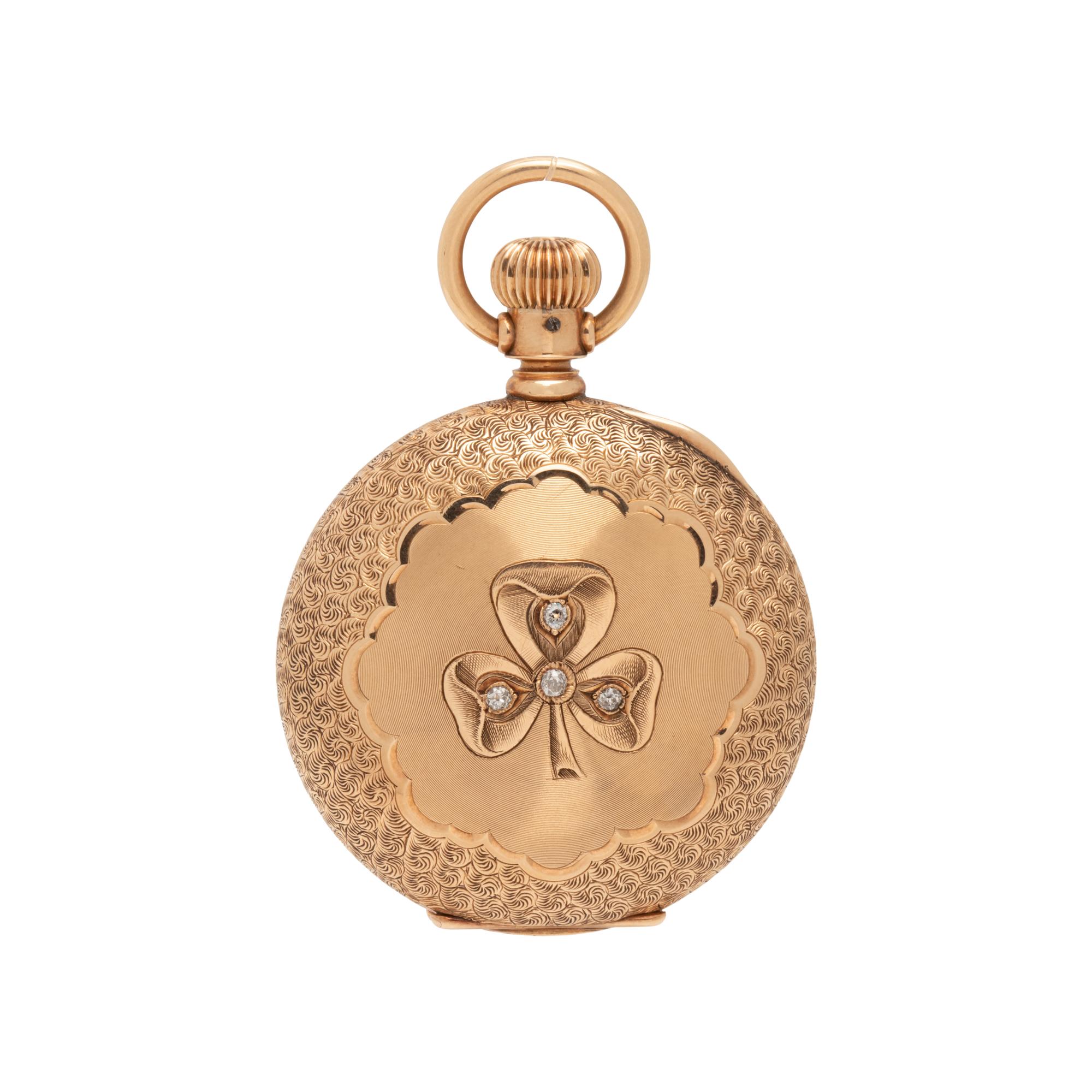 ELGIN, 14K YELLOW GOLD AND DIAMOND HUNTER CASE POCKET WATCH