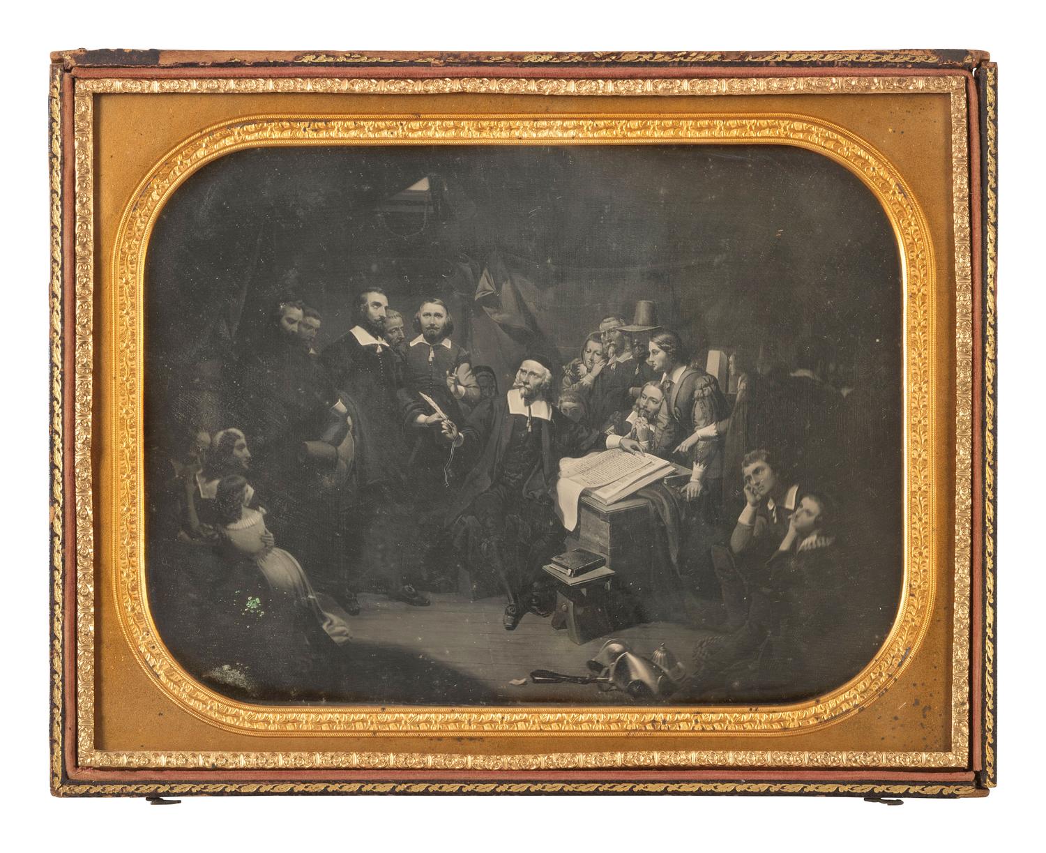 American Art in Daguerreotypes Whole plate daguerreotype of American painting The Pilgrims Signing the Compact, on board the Mayflower, Nov. 11th, 1620 , by T.H. Matteson (1813-1884).